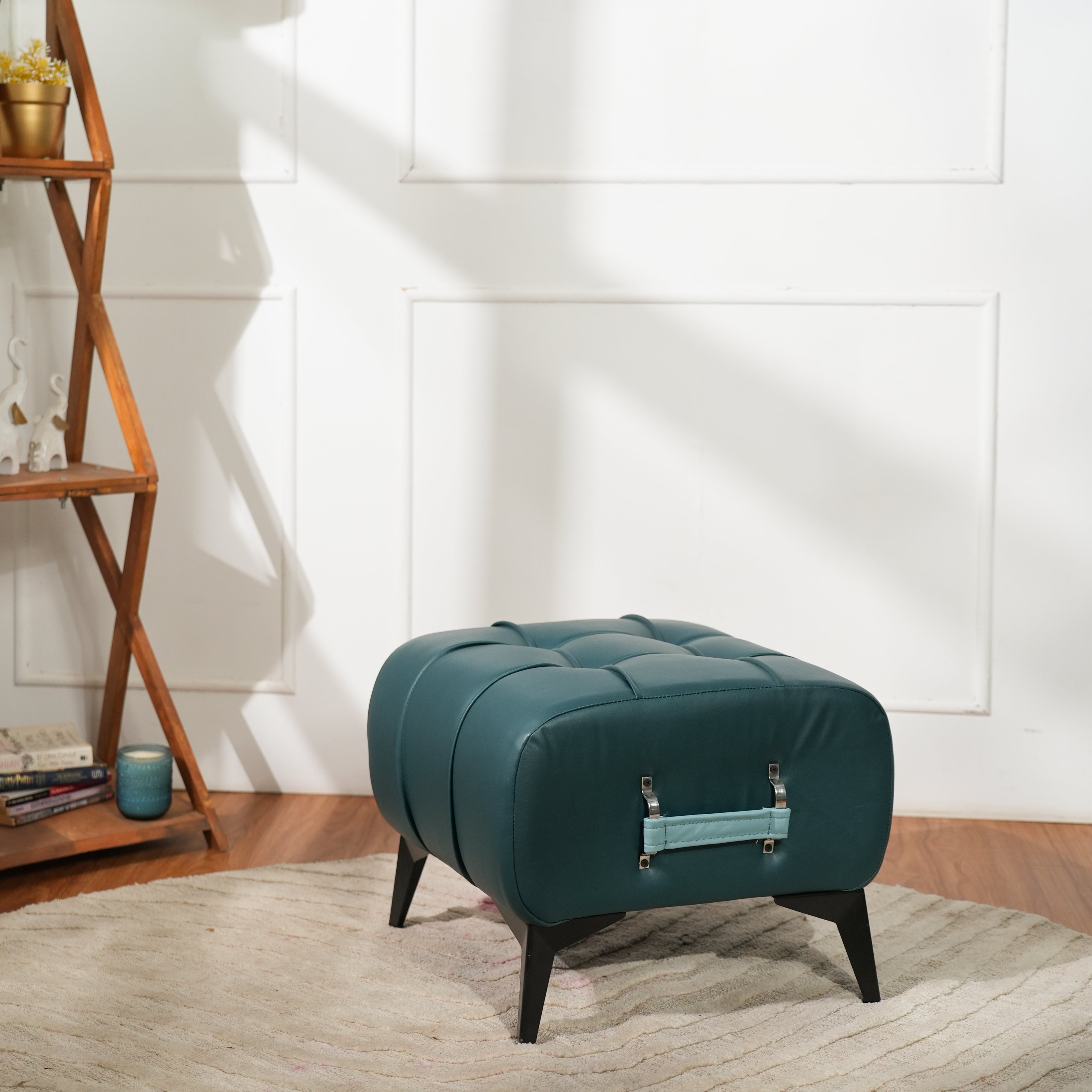 Modern Dark Blue Tufted Ottoman with Sky Blue Handle