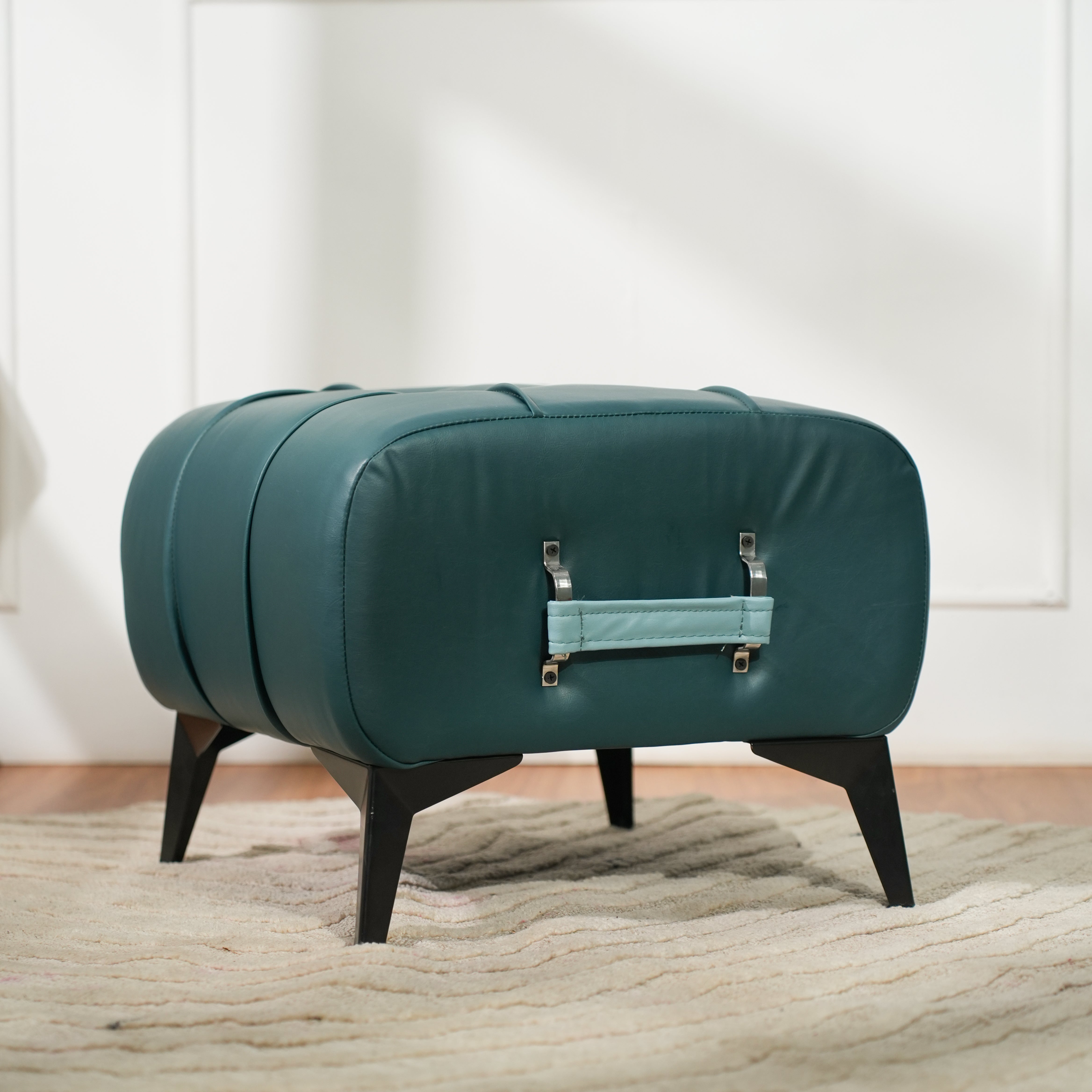 Modern Dark Blue Tufted Ottoman with Sky Blue Handle