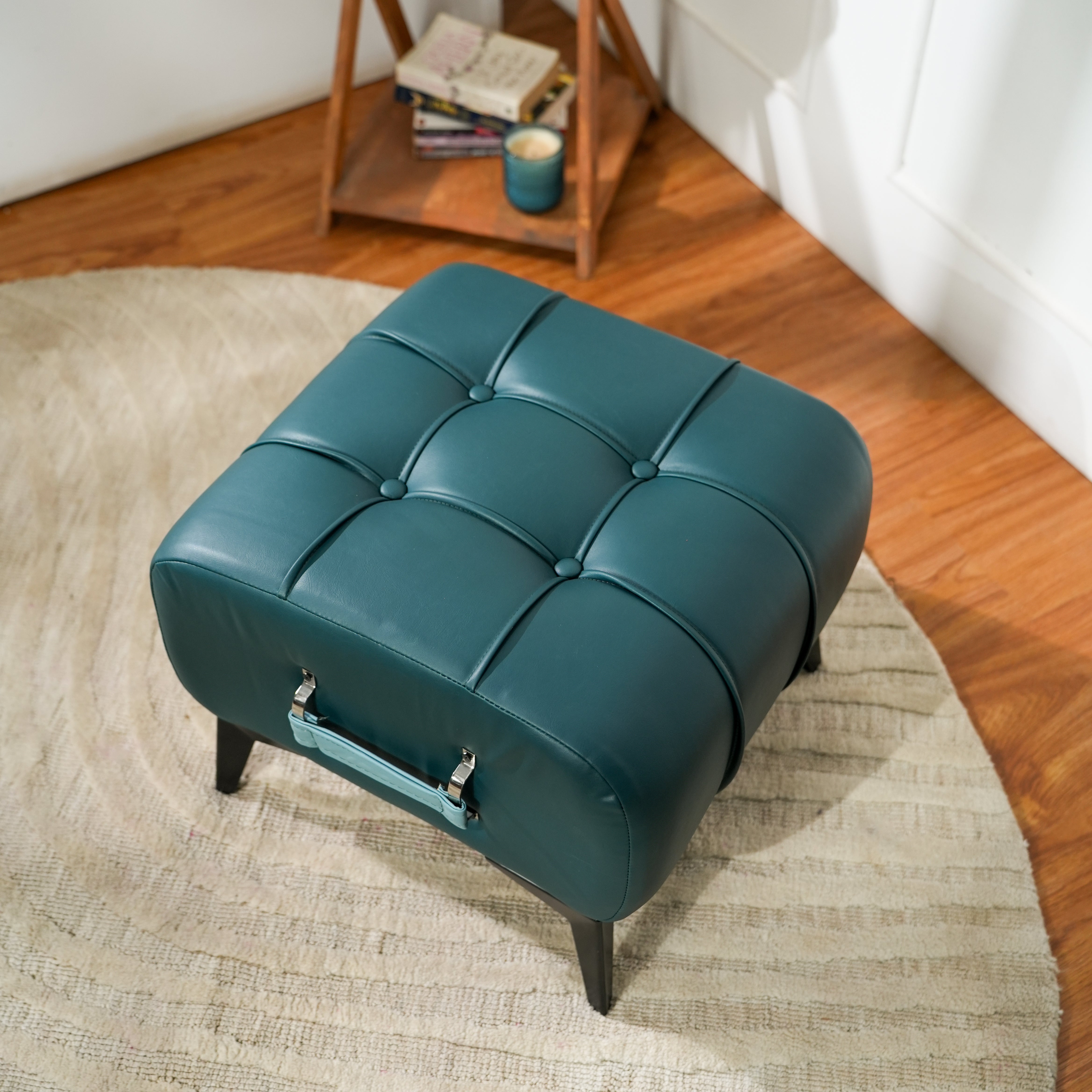 Modern Dark Blue Tufted Ottoman with Sky Blue Handle