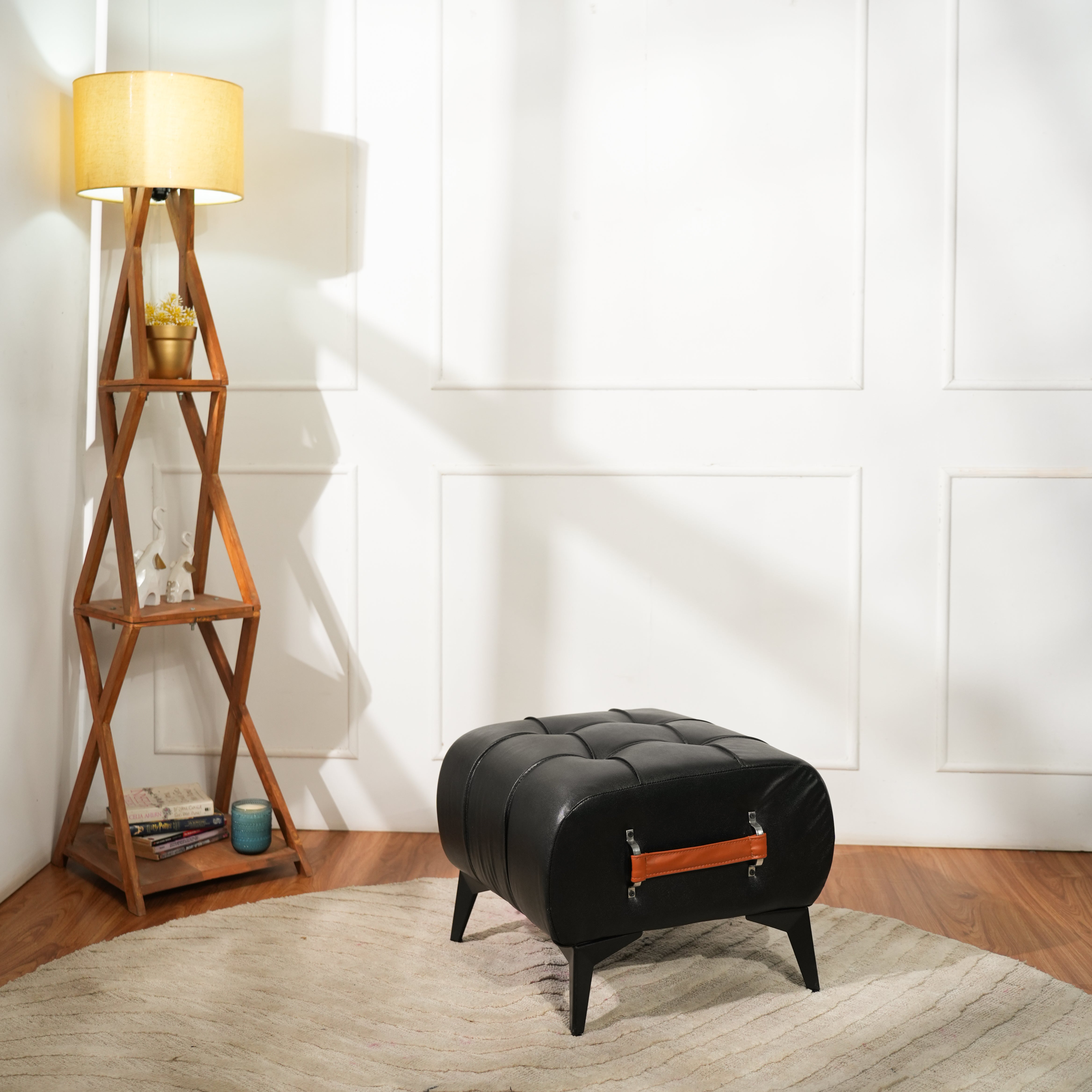 Modern Black Leather Tufted Ottoman with Golden Handle