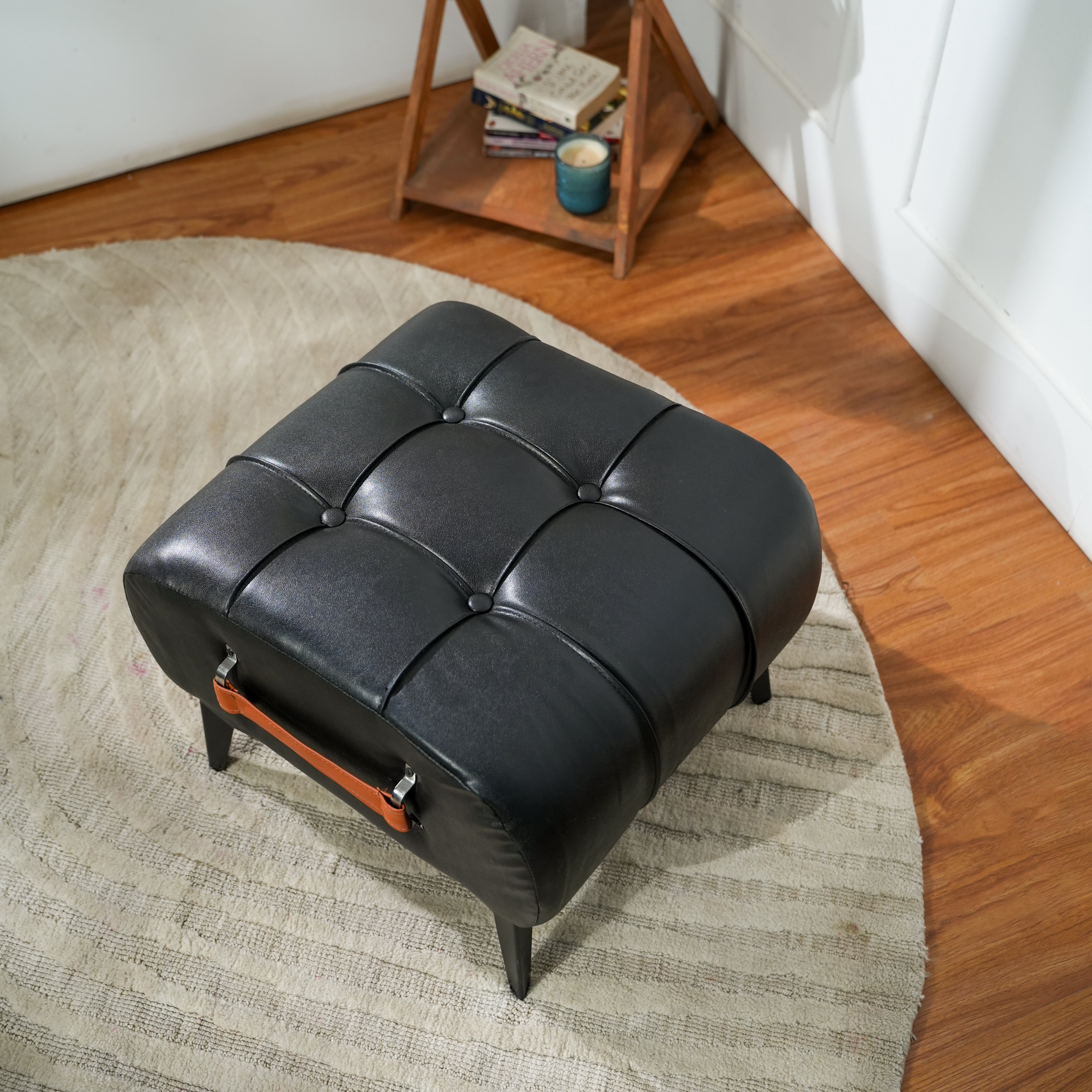 Modern Black Leather Tufted Ottoman with Golden Handle