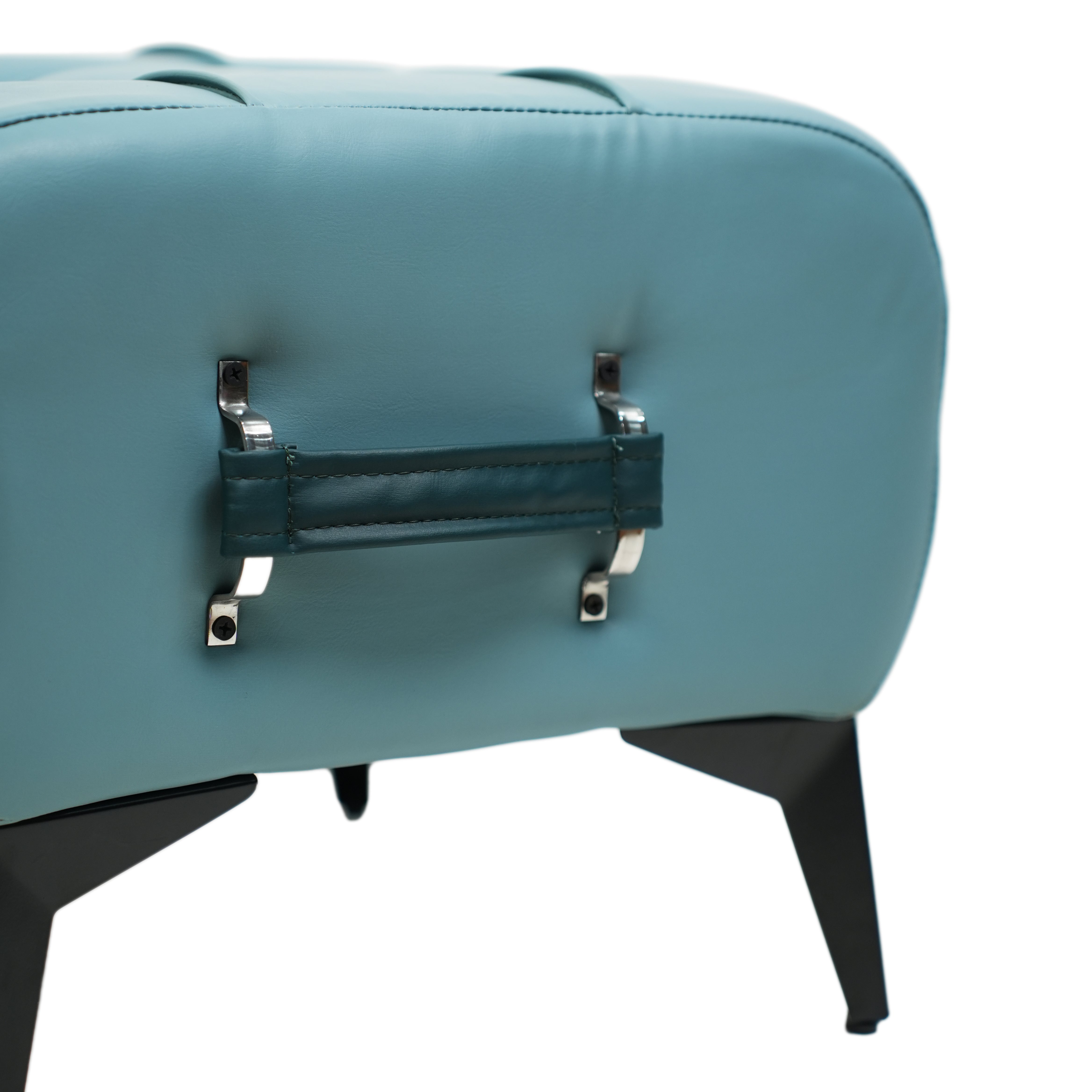 Modern Sky Blue Tufted Ottoman with Dark Blue Handle