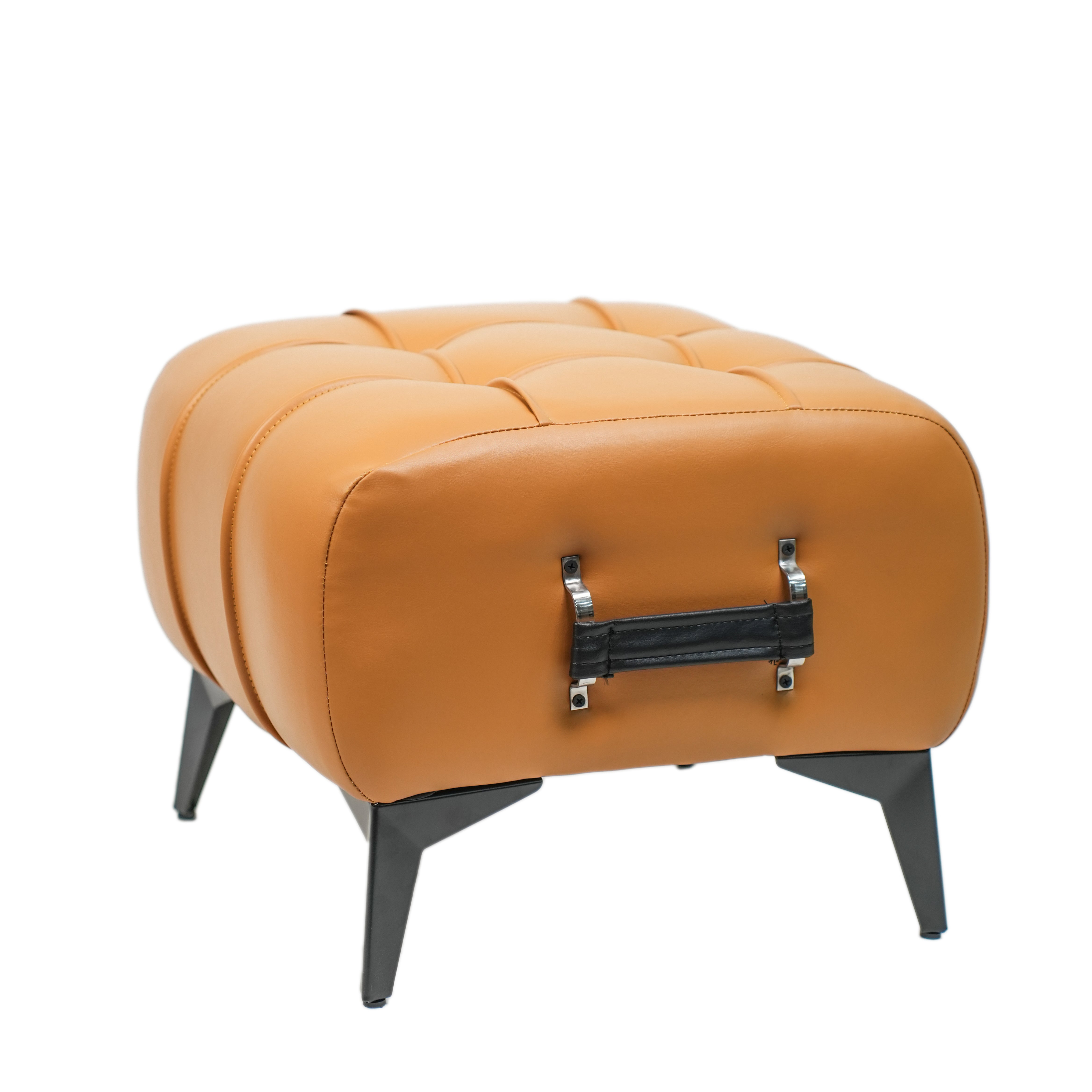 Modern Tan Leather Tufted Ottoman with Black Handle