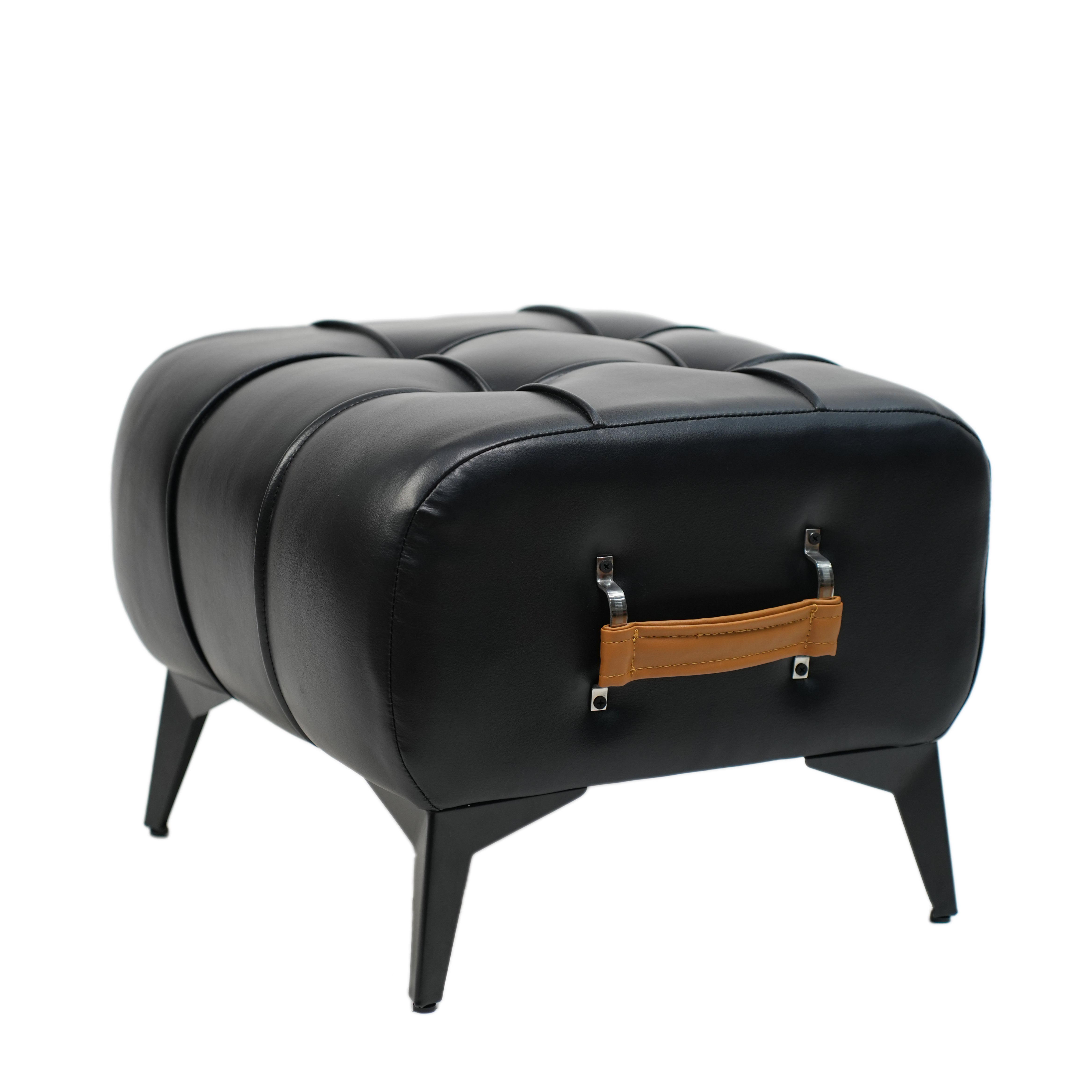 Modern Black Leather Tufted Ottoman with Golden Handle