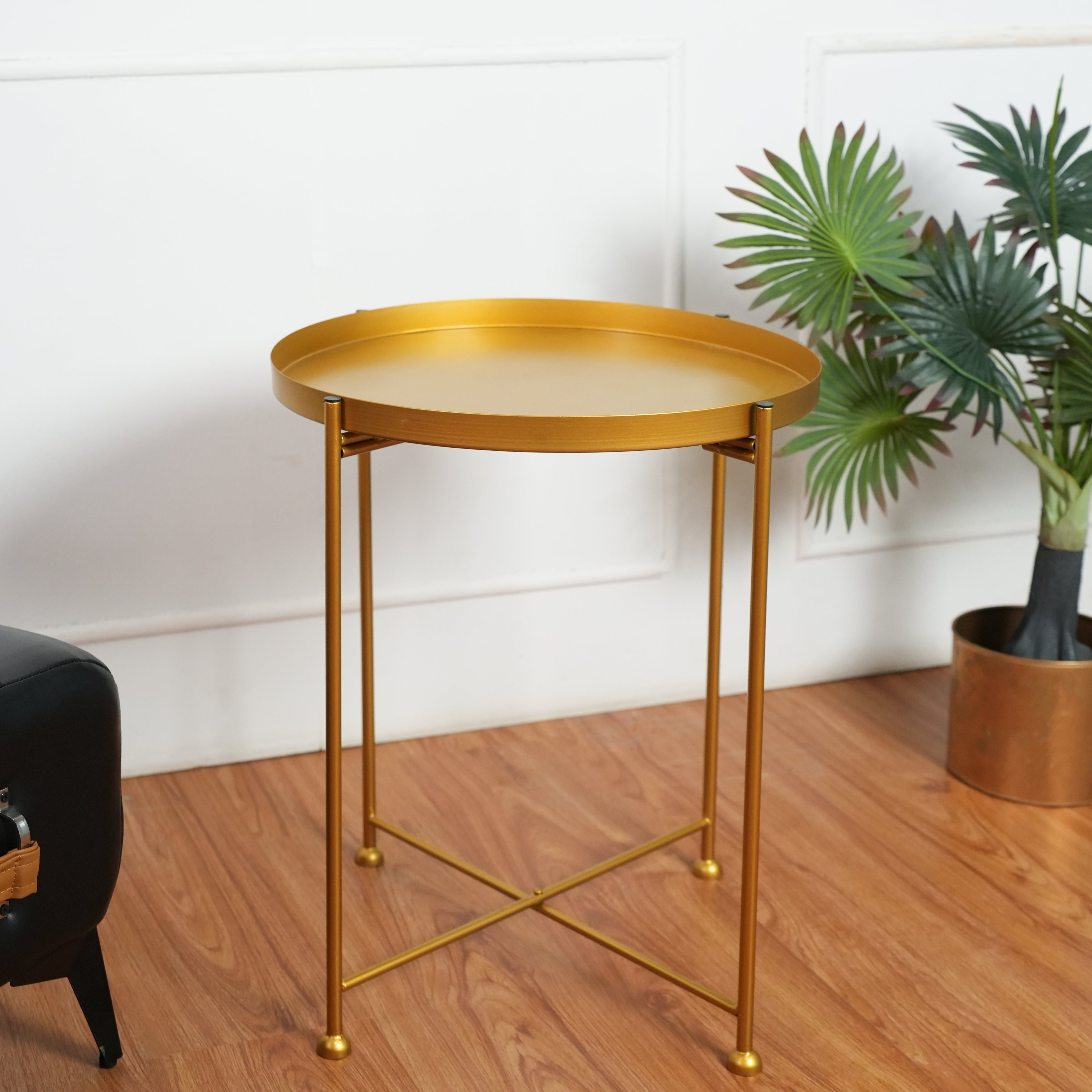 Modern Golden Metal Tray Top Side Table with X-Frame Base