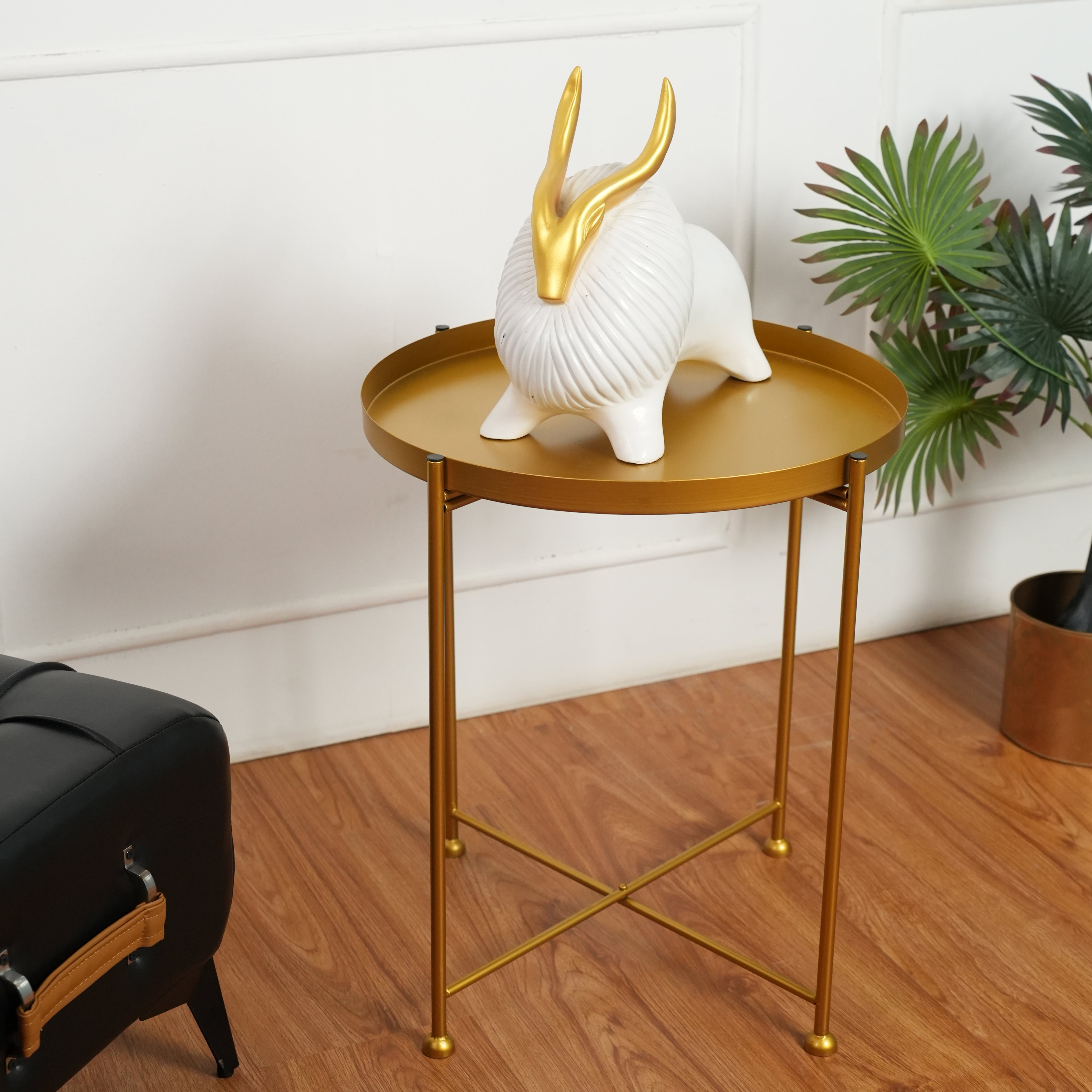 Modern Golden Metal Tray Top Side Table with X-Frame Base
