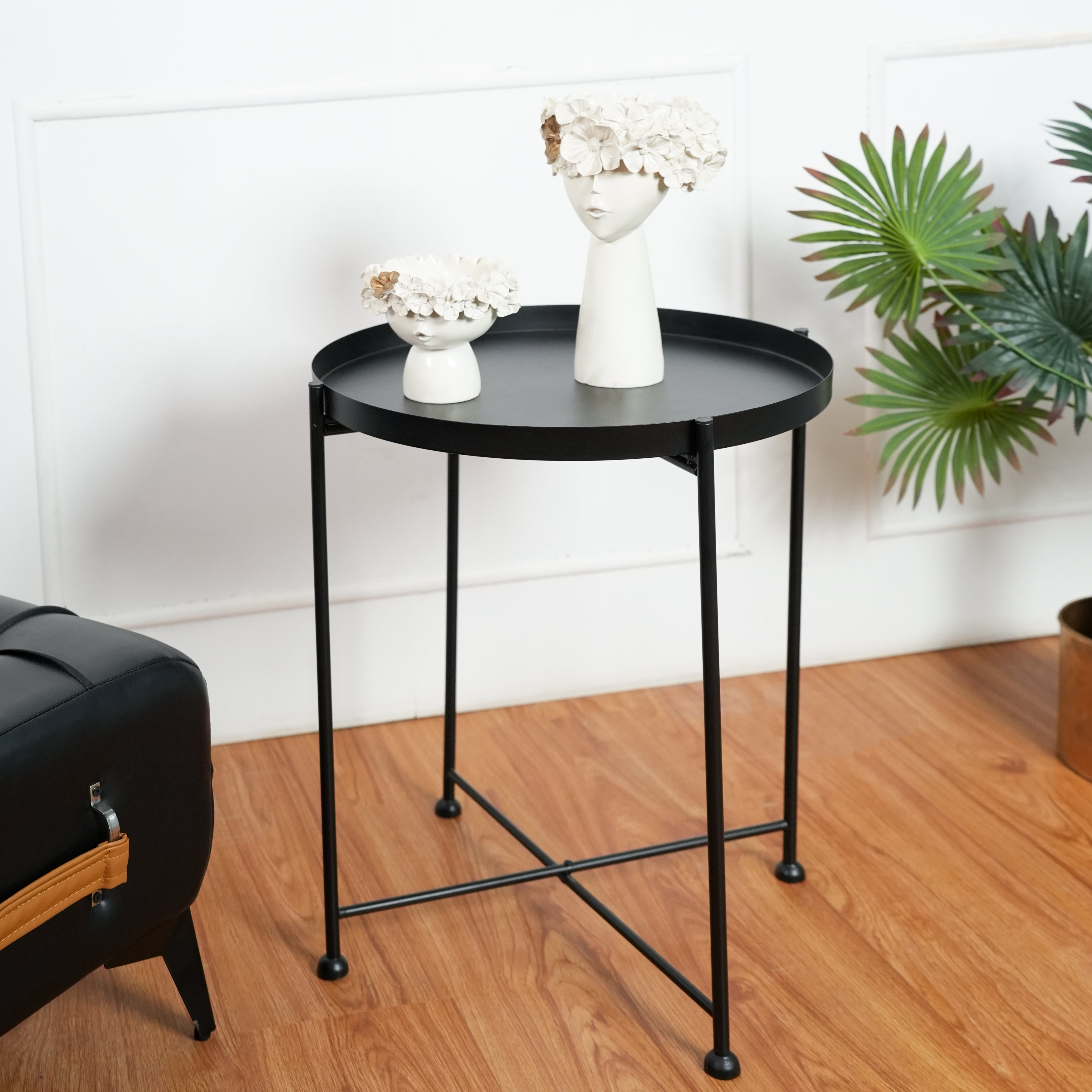 Modern Black Metal Tray Top Side Table with X-Frame Base