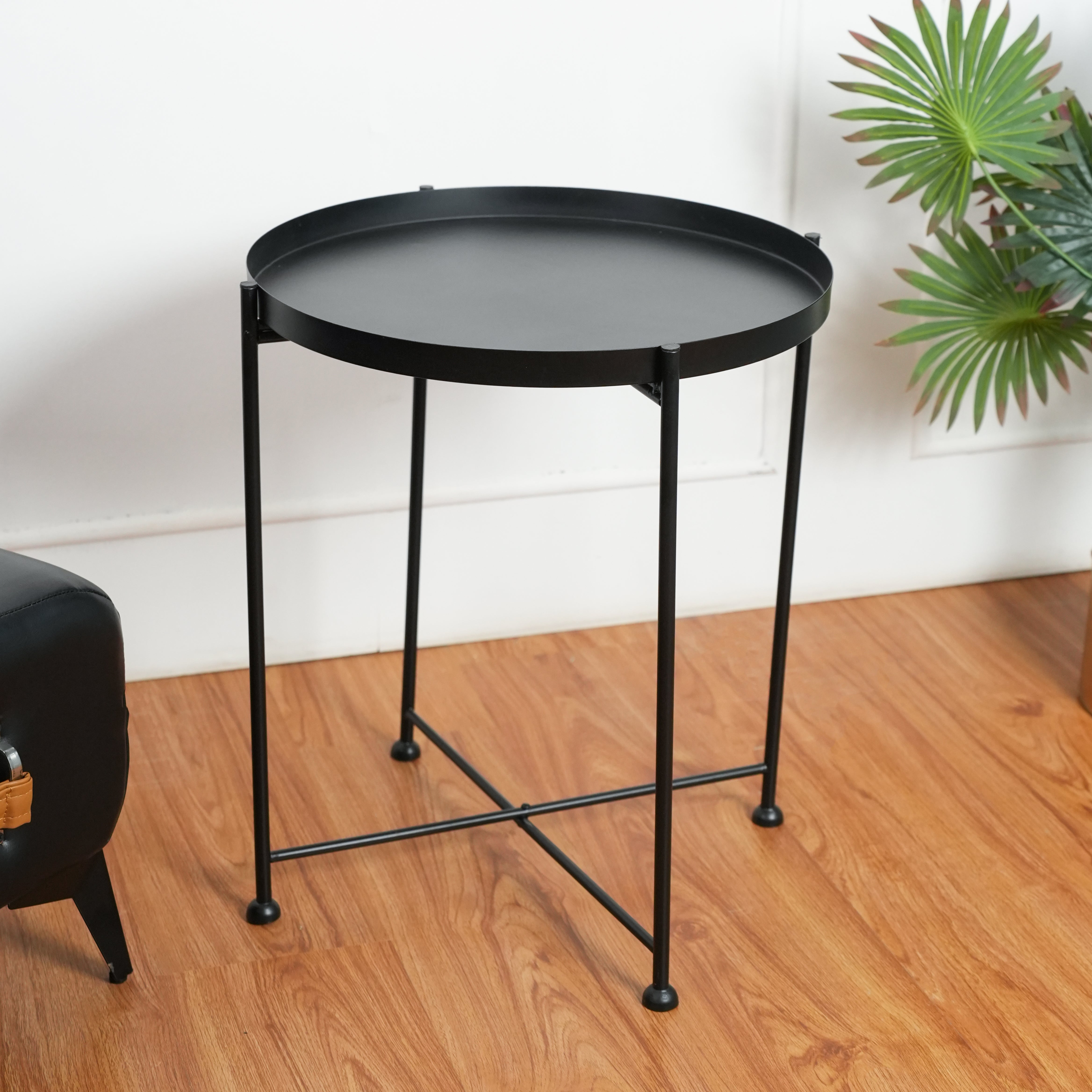 Modern Black Metal Tray Top Side Table with X-Frame Base