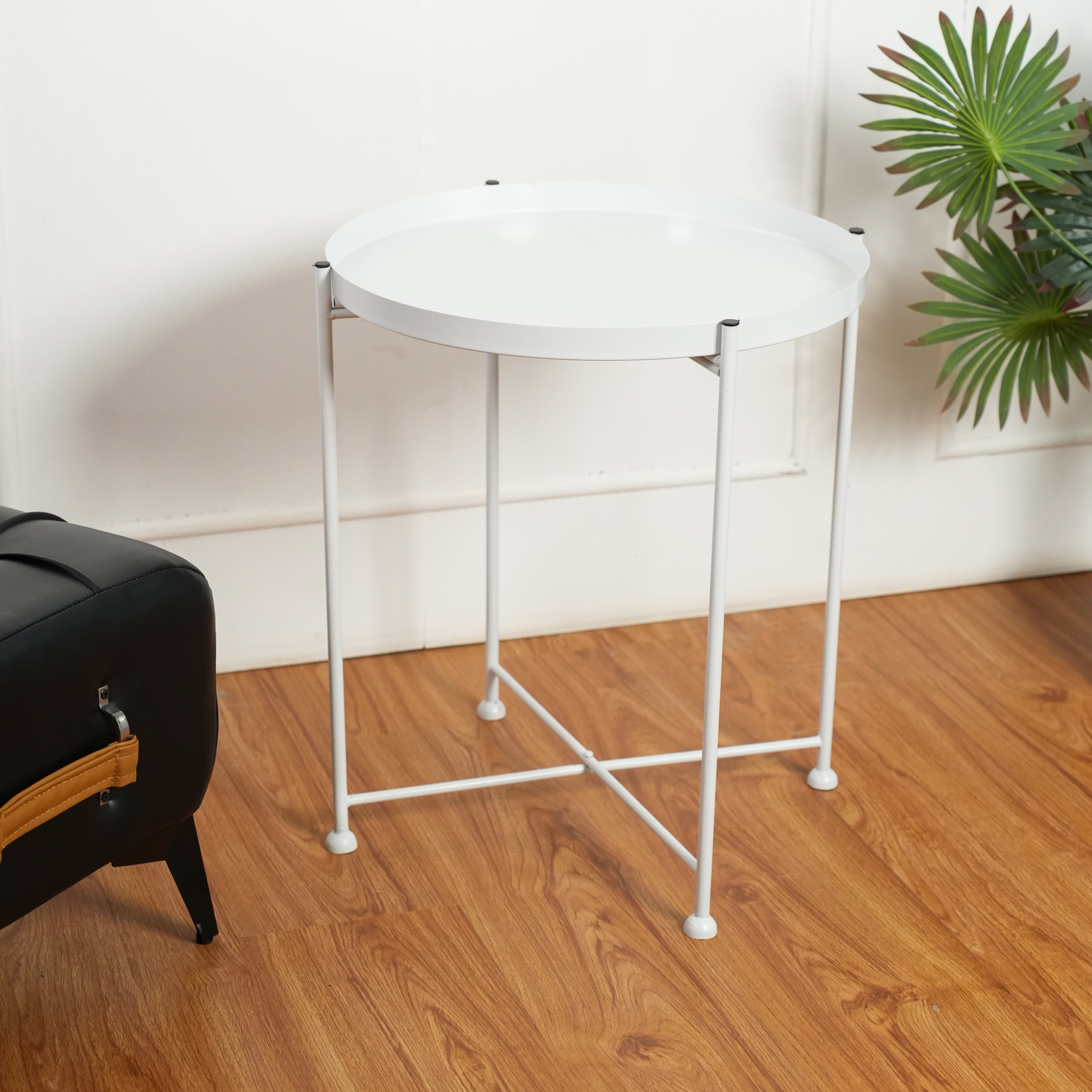 Modern White Metal Tray Top Side Table with X-Frame Base