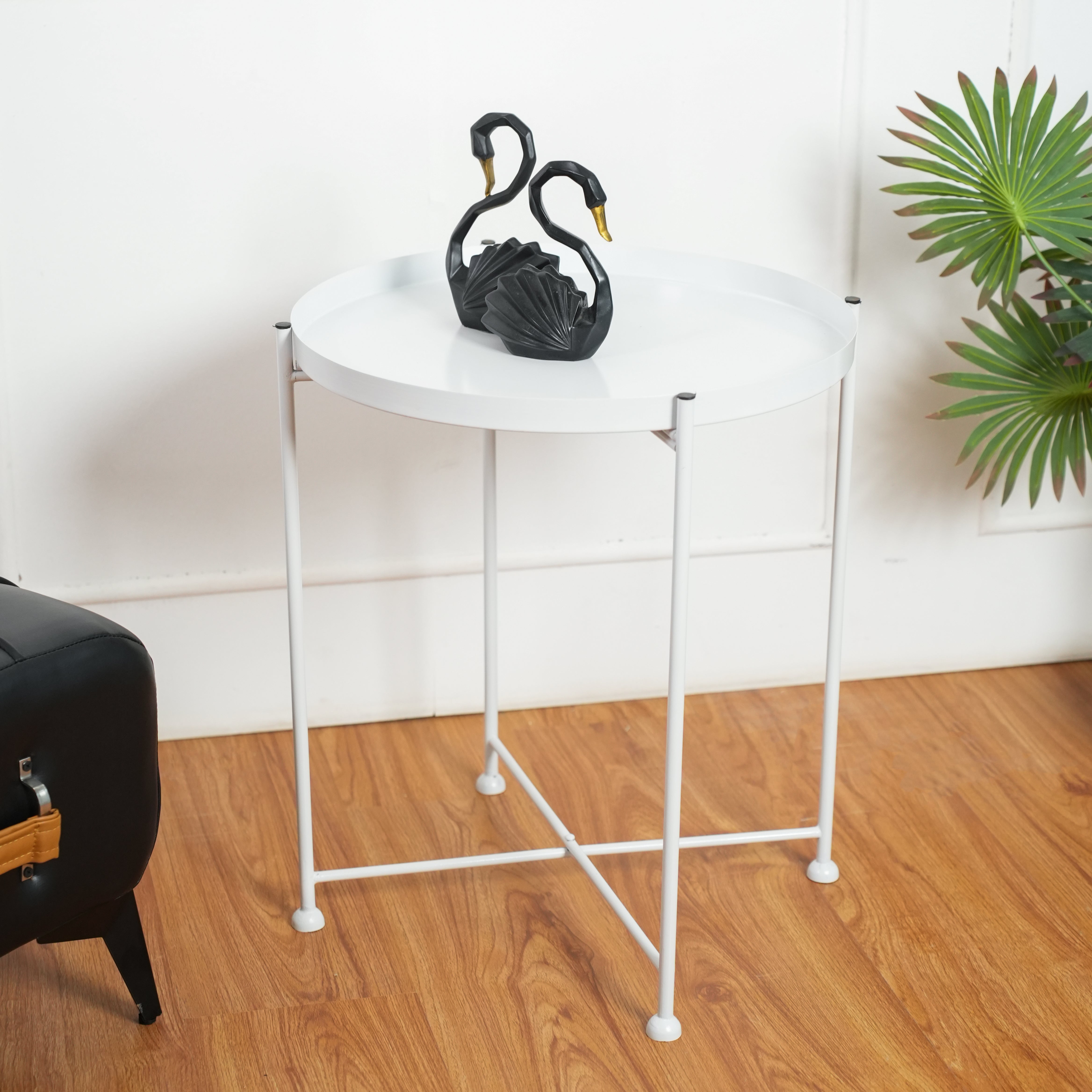 Modern White Metal Tray Top Side Table with X-Frame Base