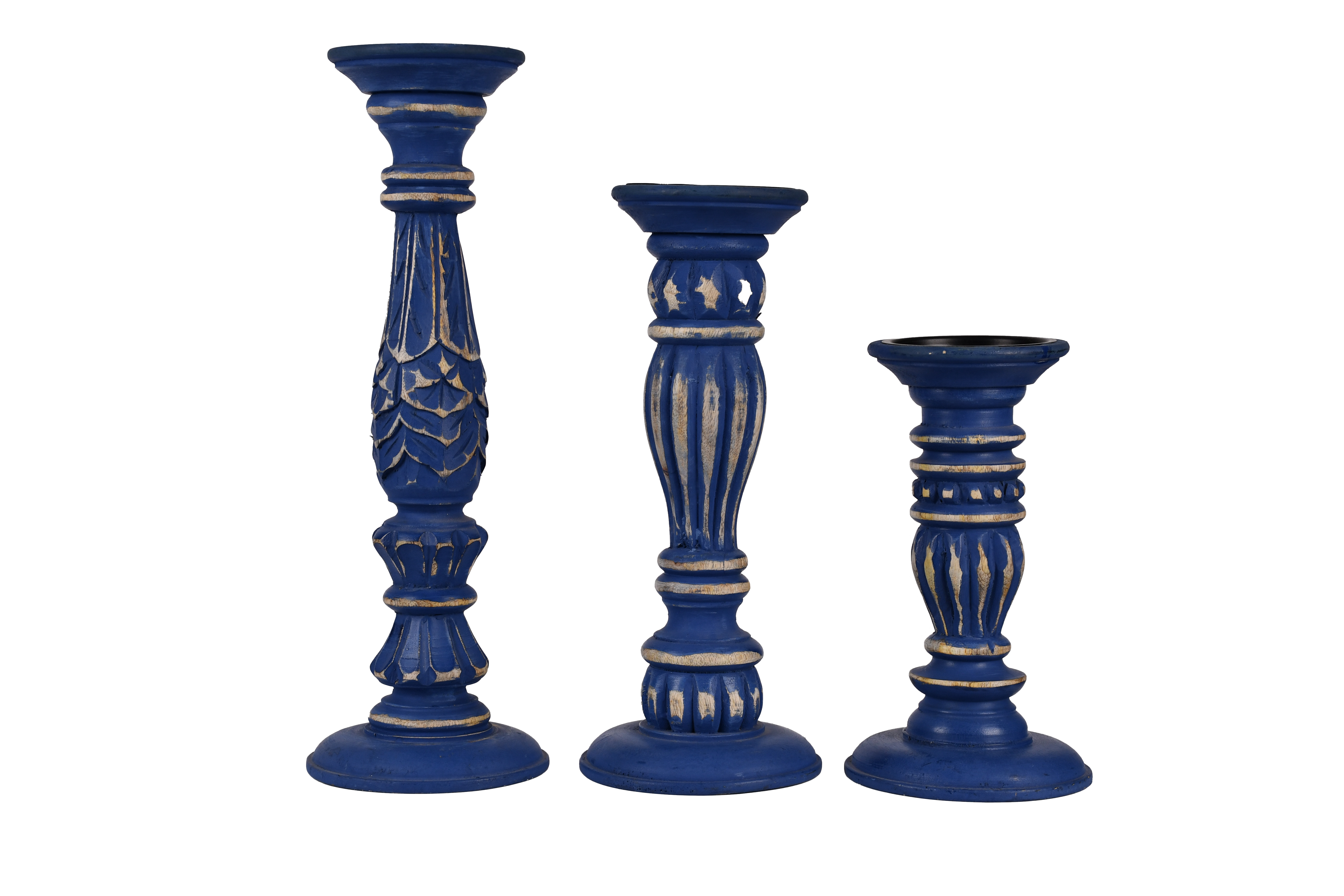 Handcrafted Wooden Candle Holder Stand Set of 3 - Blue