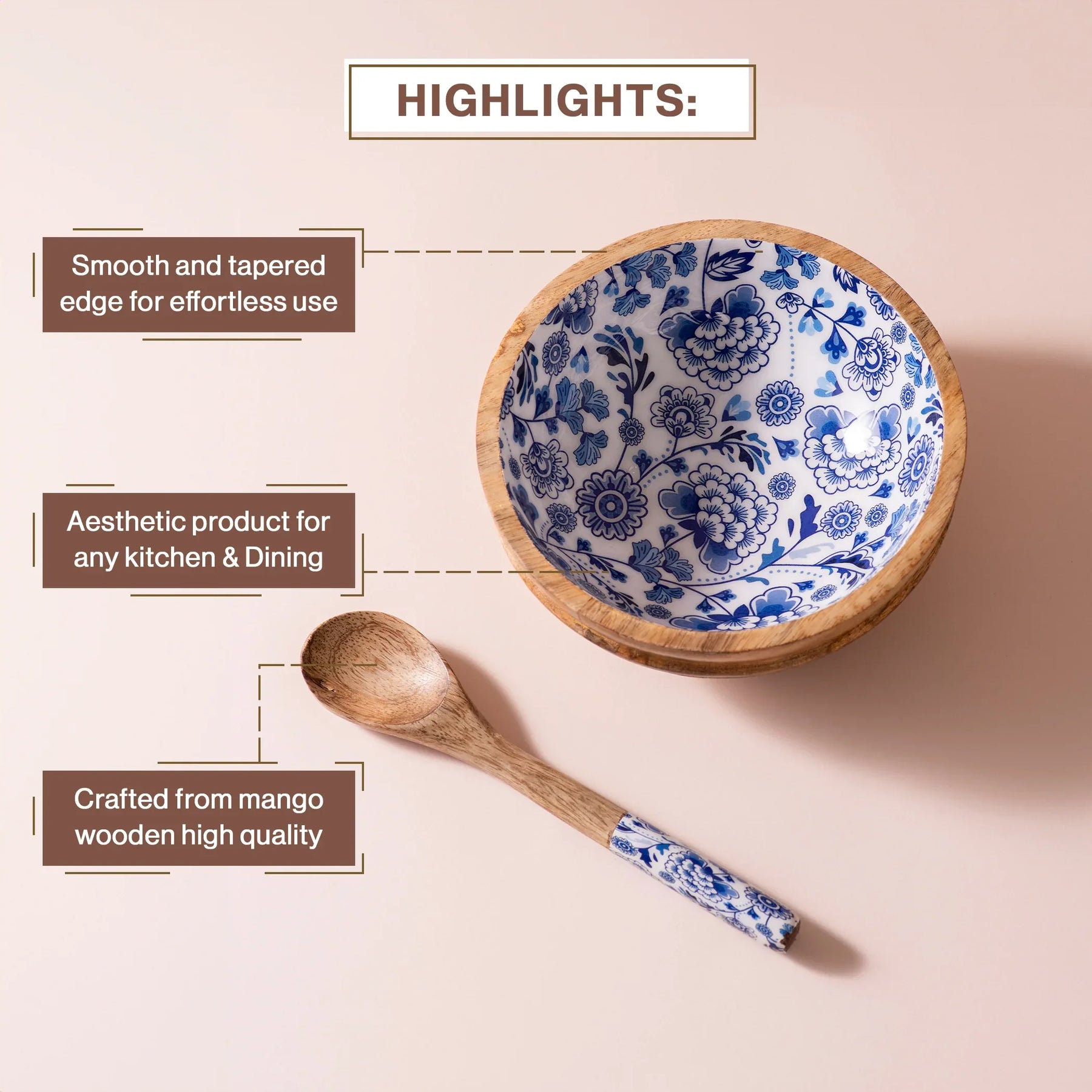 Handmade Mango-Wood Bowls in Tealish Blue For Kitchen Decor