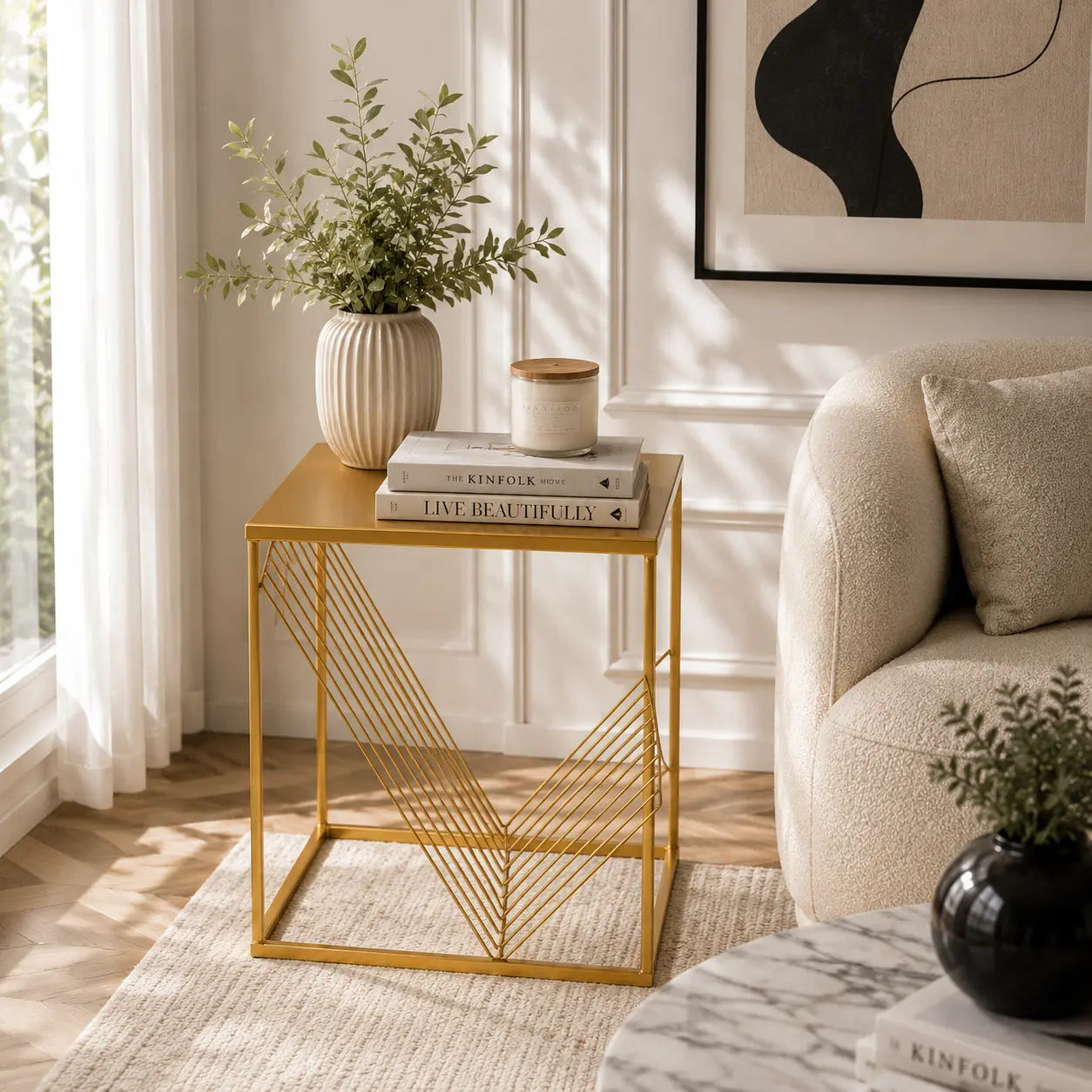 Decorative Metal Side End Table in Golden with Storage