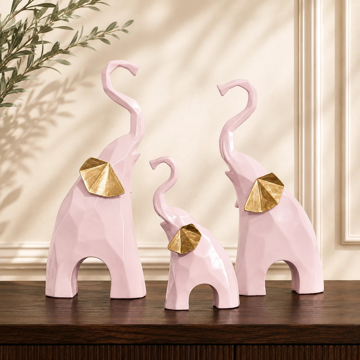 Decorative Pink Elephant Statue with Gold Finish Set of 3