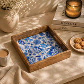 Decorative Square Mango Wood Serving Tray with Blue Floral Print