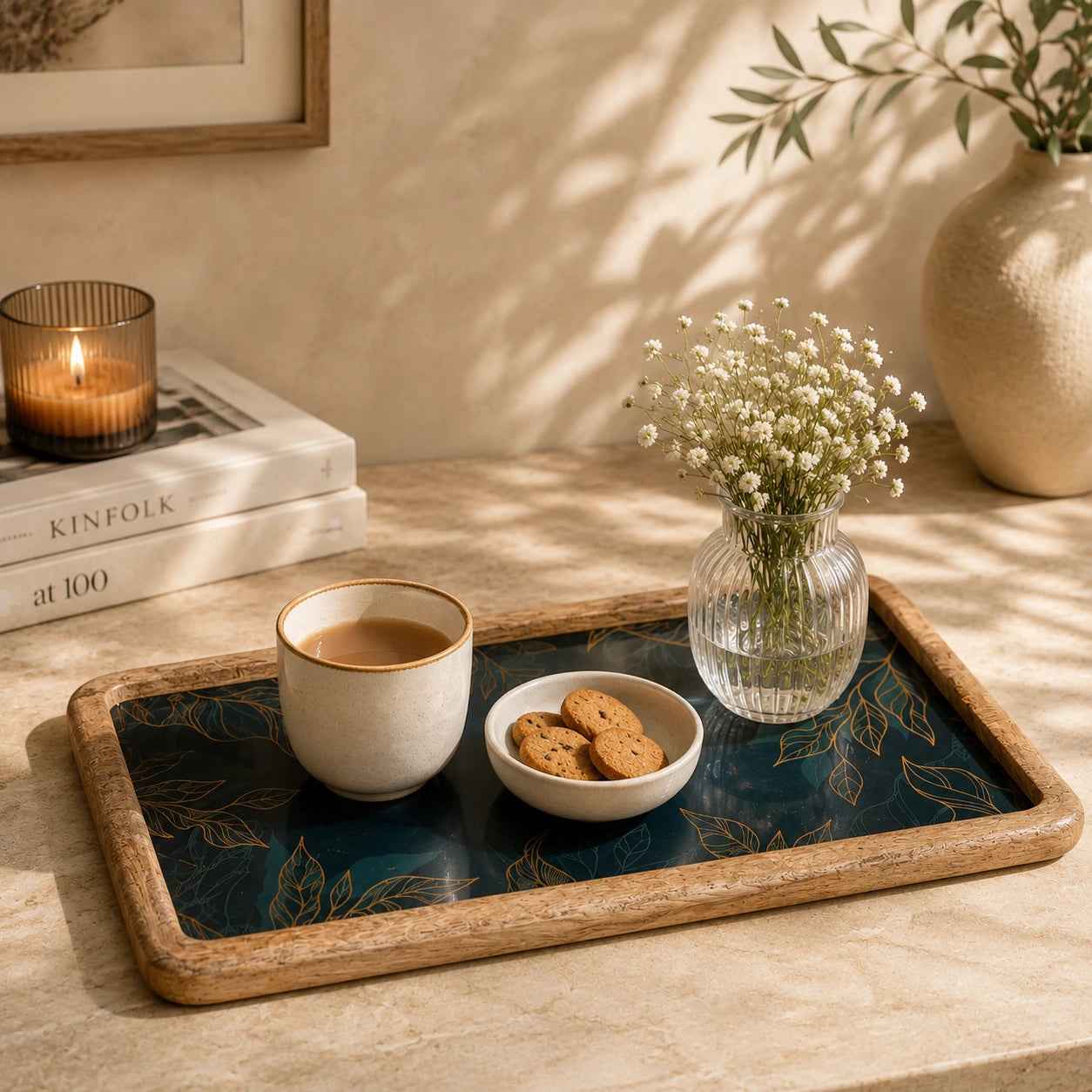 Decorative Wooden Serving Tray with Botanical Design