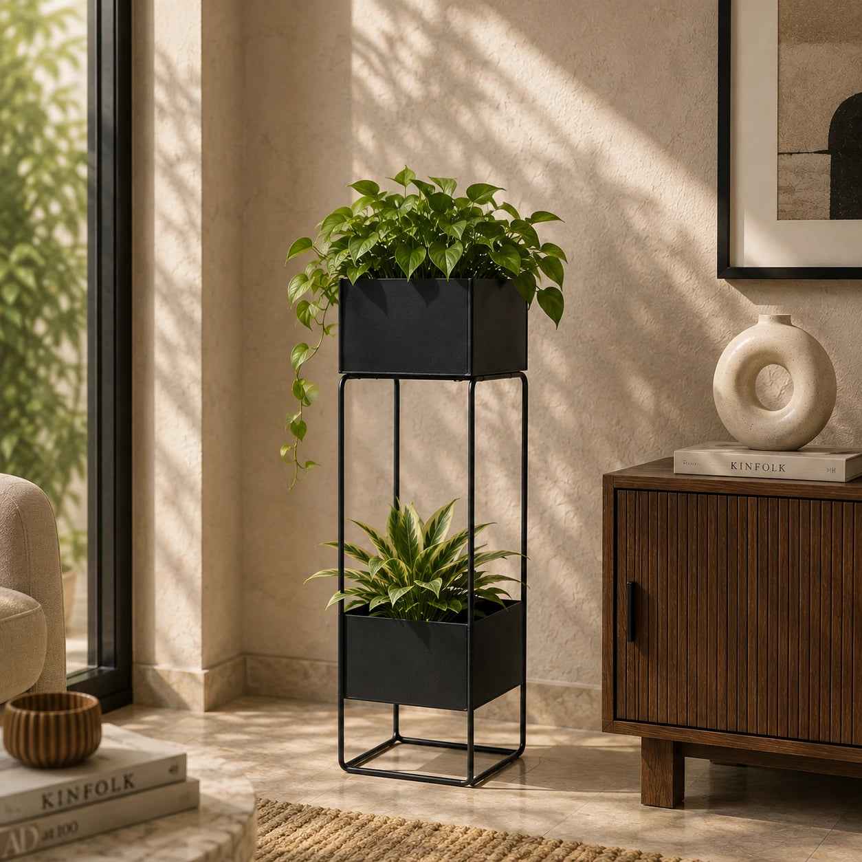 Double Pot Metal Planter Stand Black