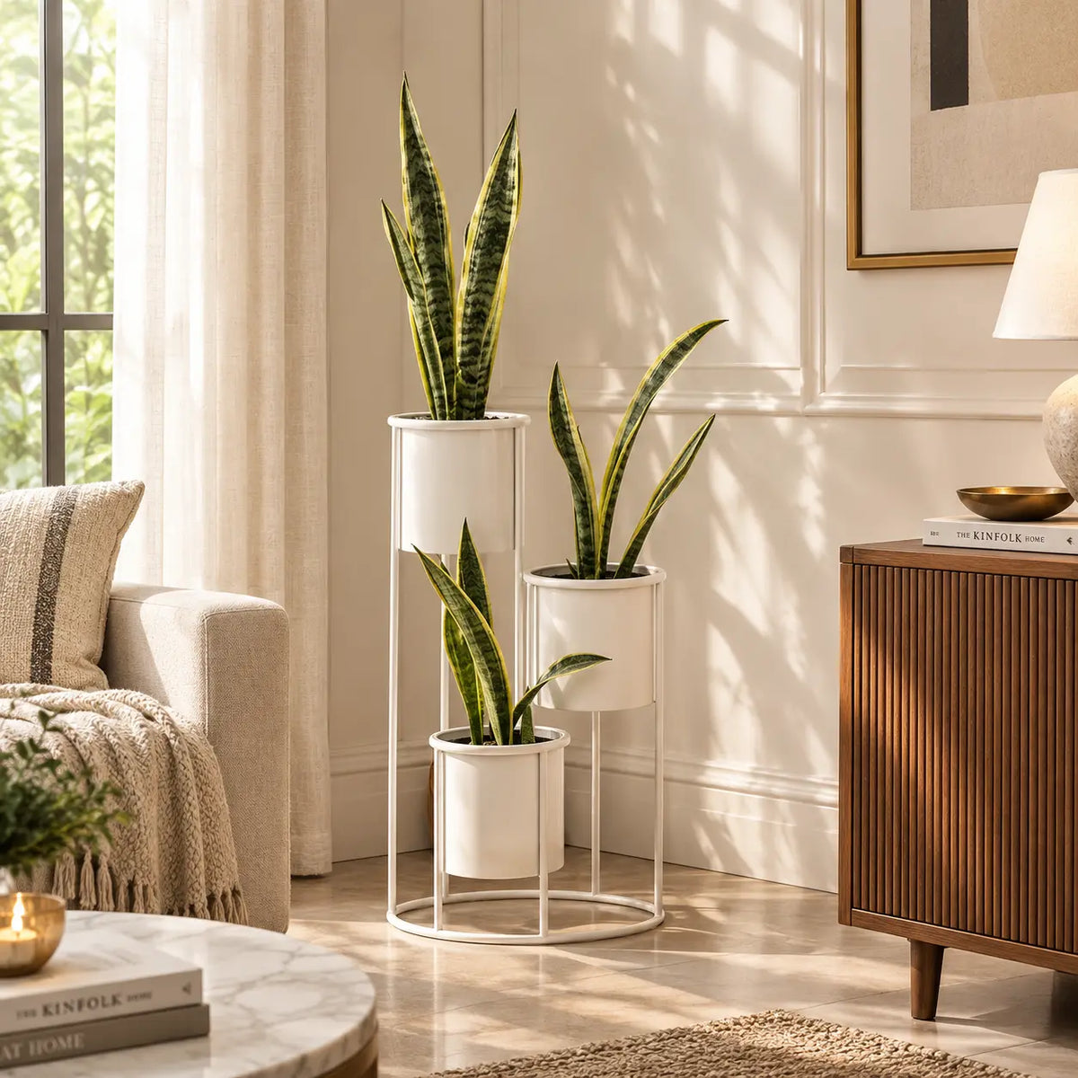 Floor Planter Stand With Triple Pots In White