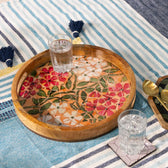 Handcrafted Mango-Wood Wooden Round Tray Flower Branch Design-Single