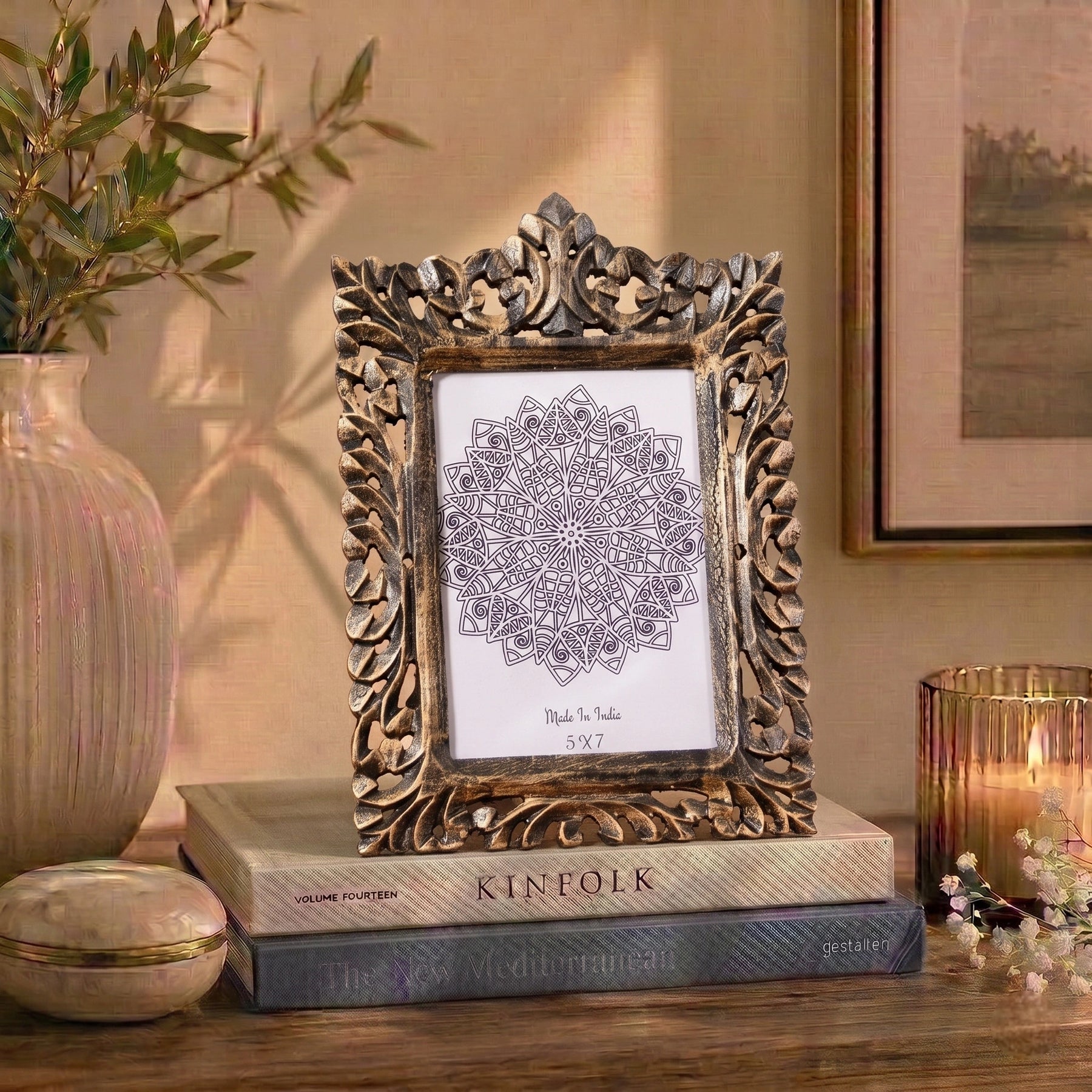 Handcarved Wooden Heritage Mirror Photo Frame in Antique Black