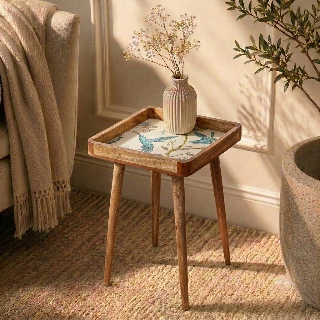 Square Wooden Bedside Table in Birdfloral Print for Living Room