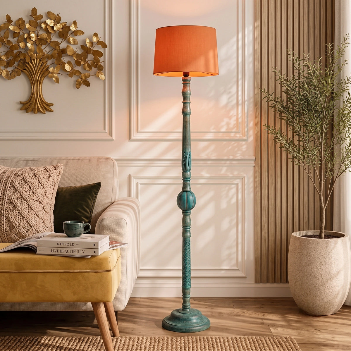 Wooden Floor Lamp with Shades for Living Room – Tall Vintage Standing Lamp
