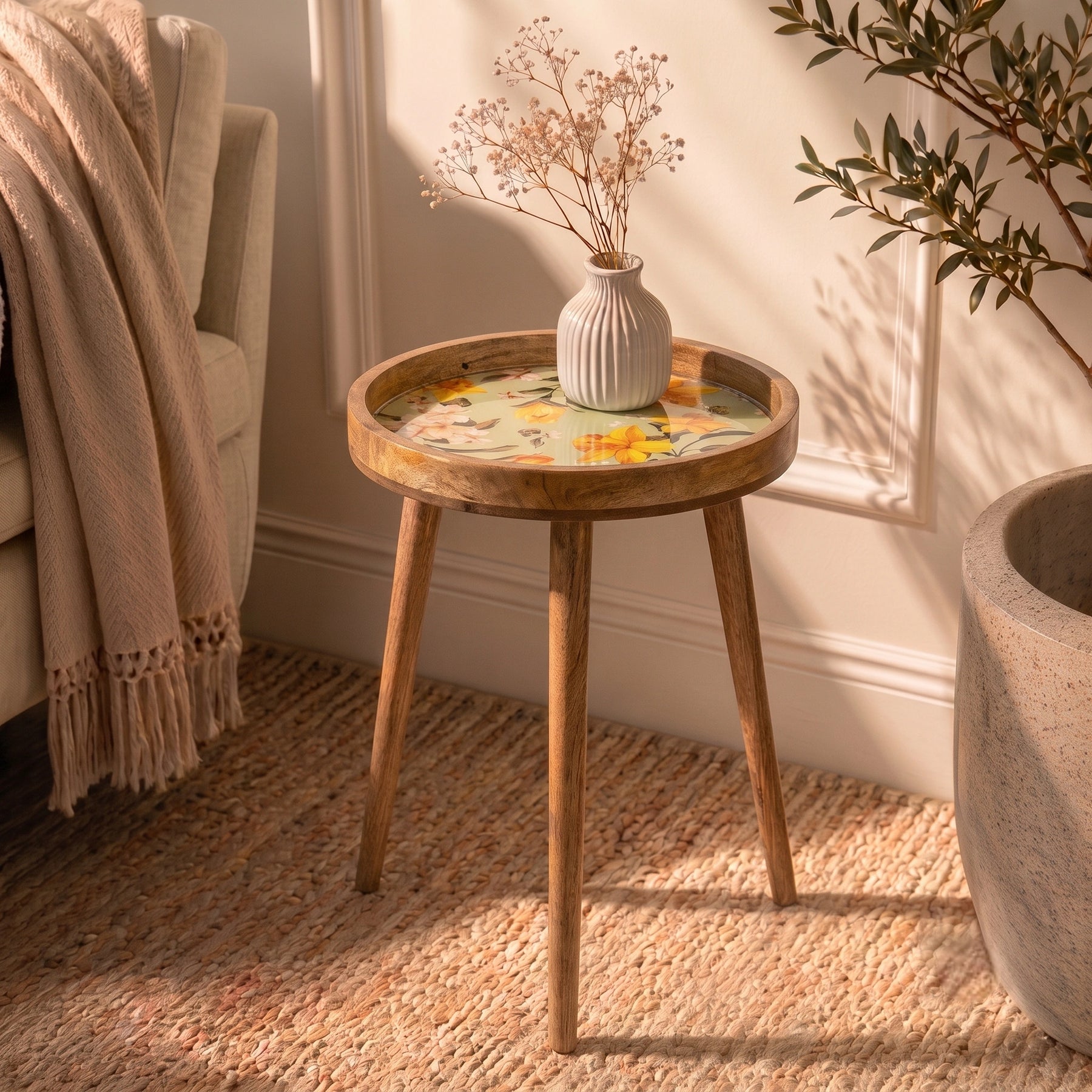 Mango Wood Side End Table Yellow Flower Petals for Living Room