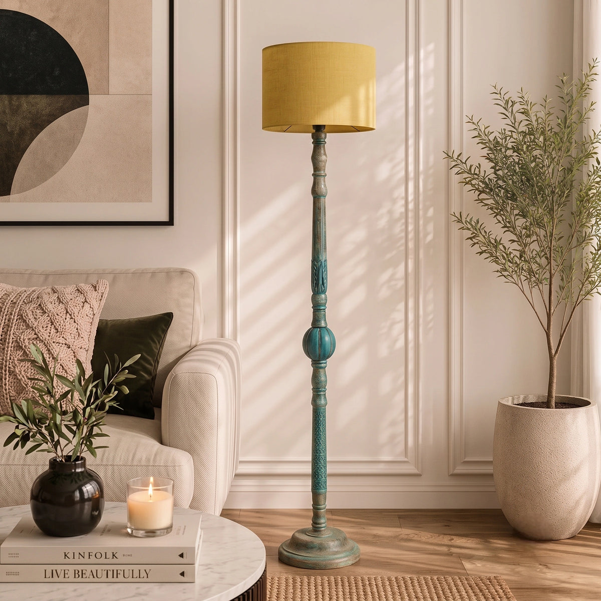 Wooden Floor Lamp with Shades for Living Room – Tall Vintage Standing Lamp