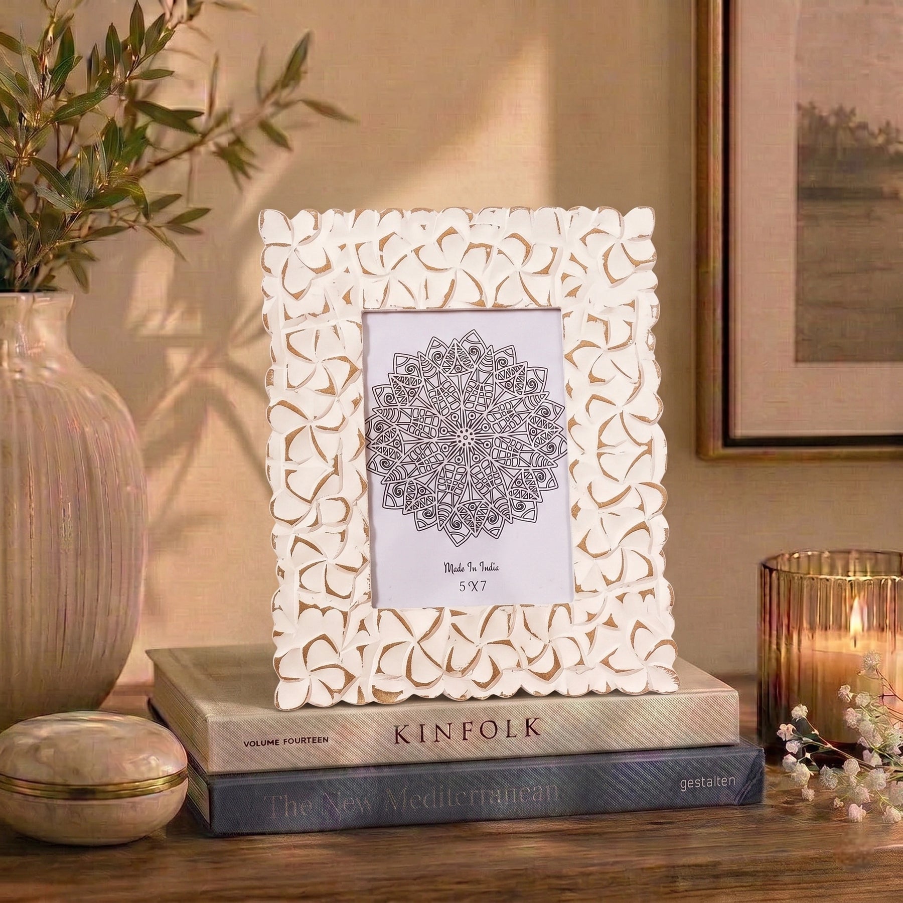 Handcrafted Floral Photo Frame in Rustic White