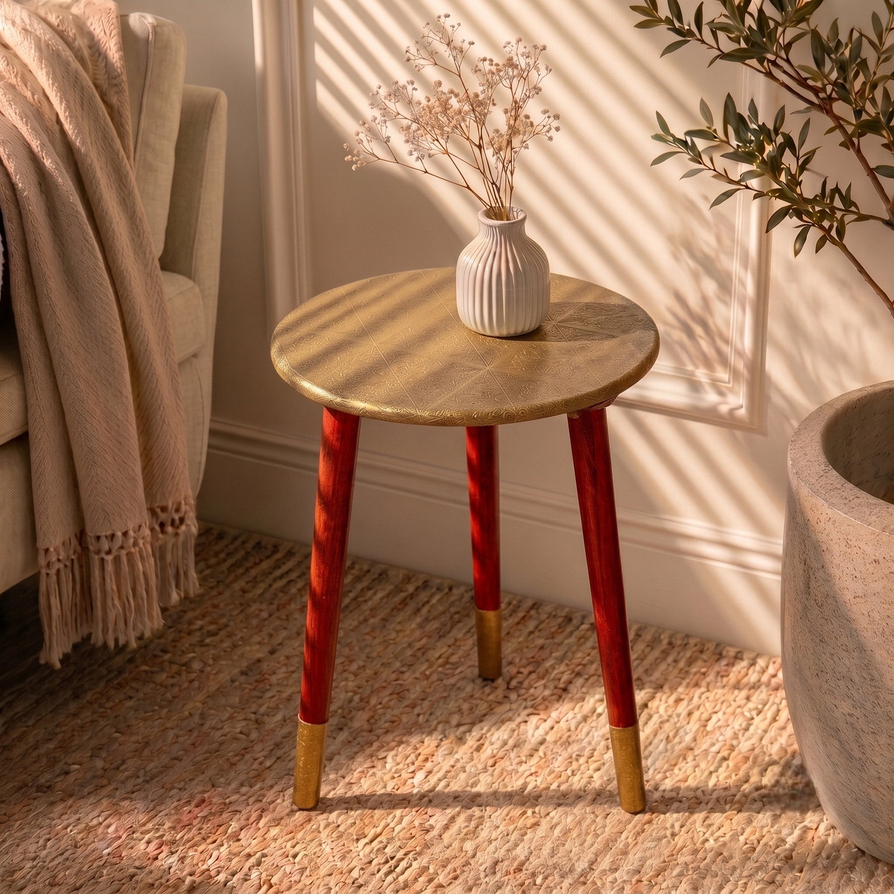 Round Wooden Bedside Table in Gold Floral Pattern