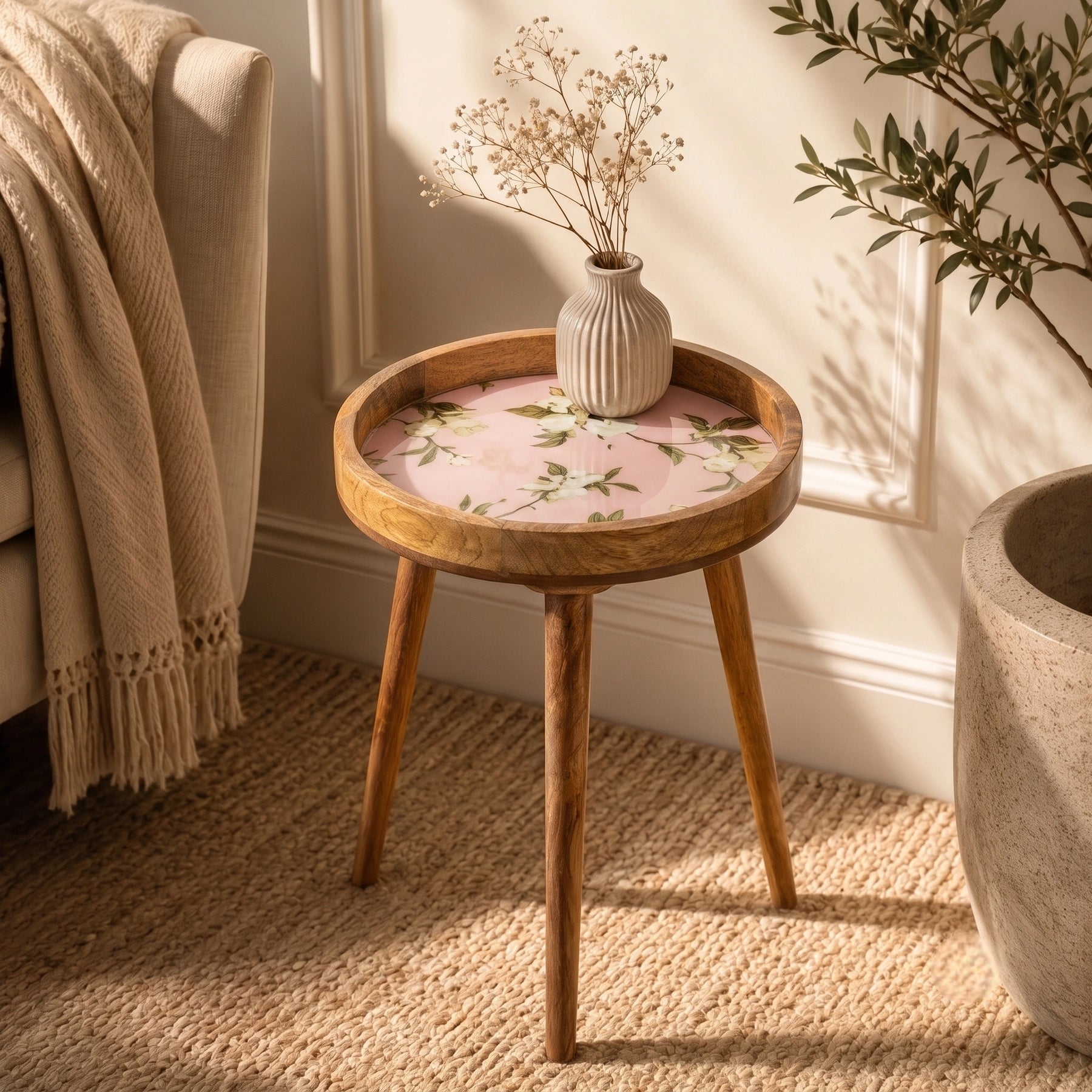Handcrafted Round Side Table in Dusty Pink for Living Room