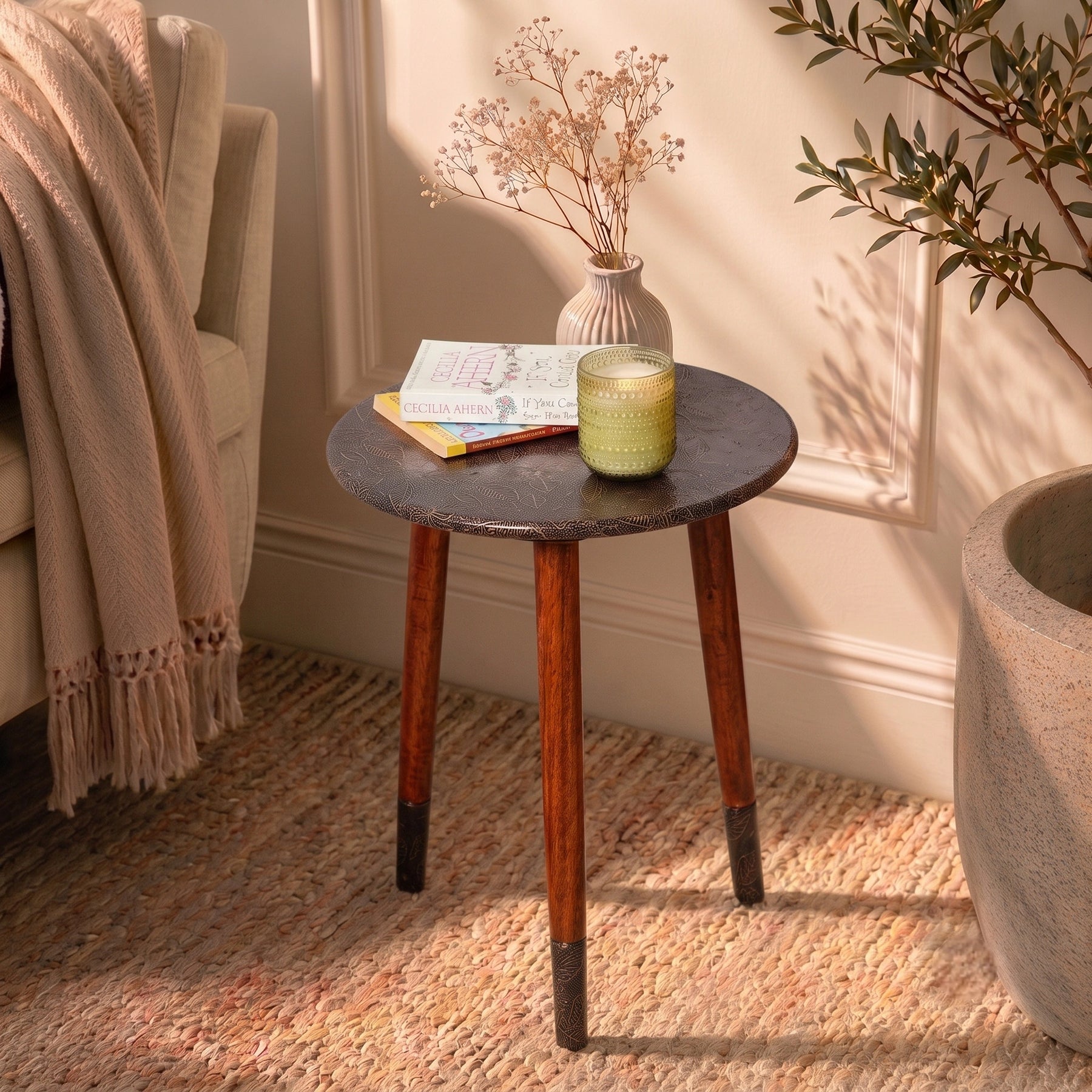 Round Wooden Side Table in Leaf Copper Pattern