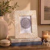 Handcrafted Wooden Sunburst Photo Frame in White & Gold