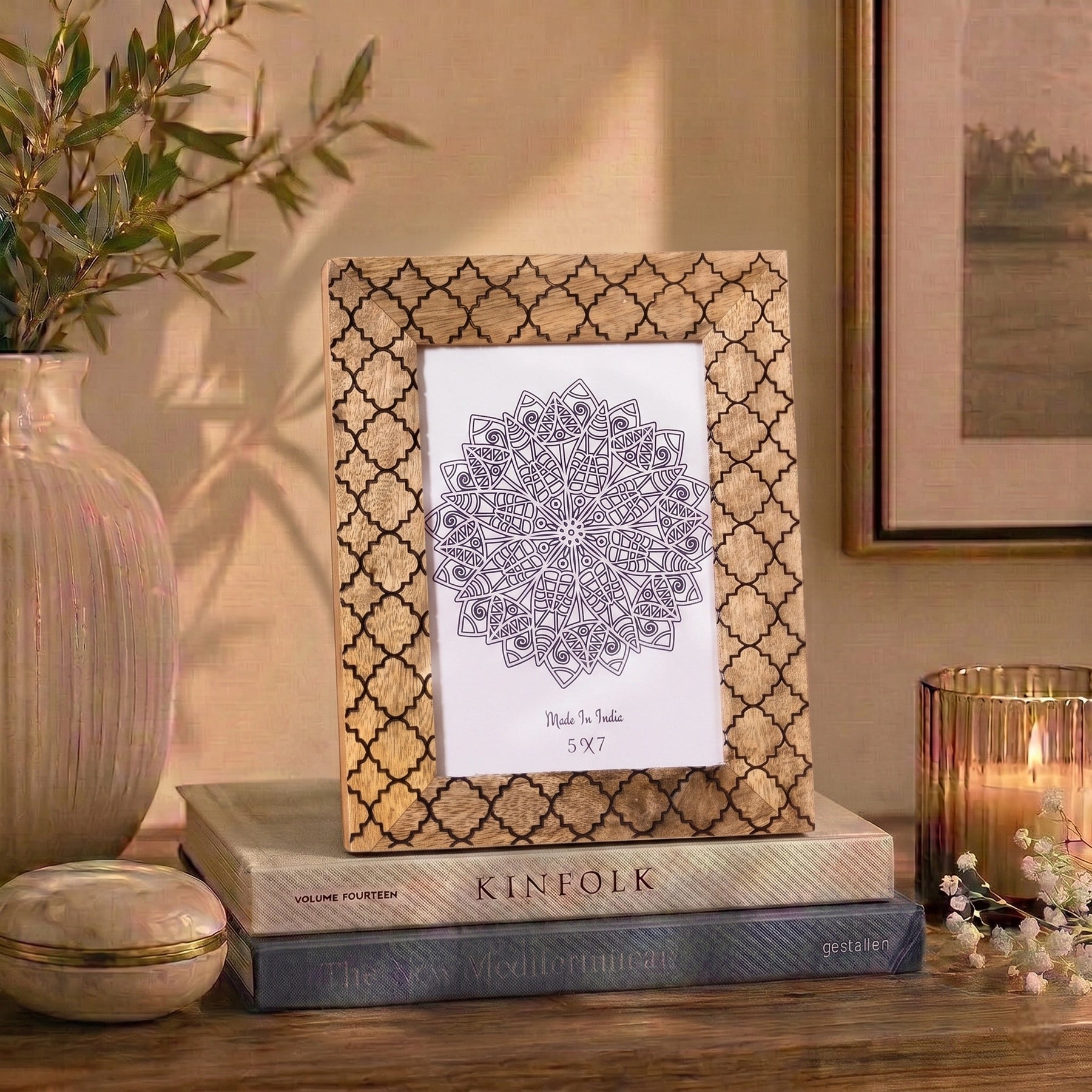 Handcrafted Wooden Geometric Lattice Photo Frame - Wall/Table Mount
