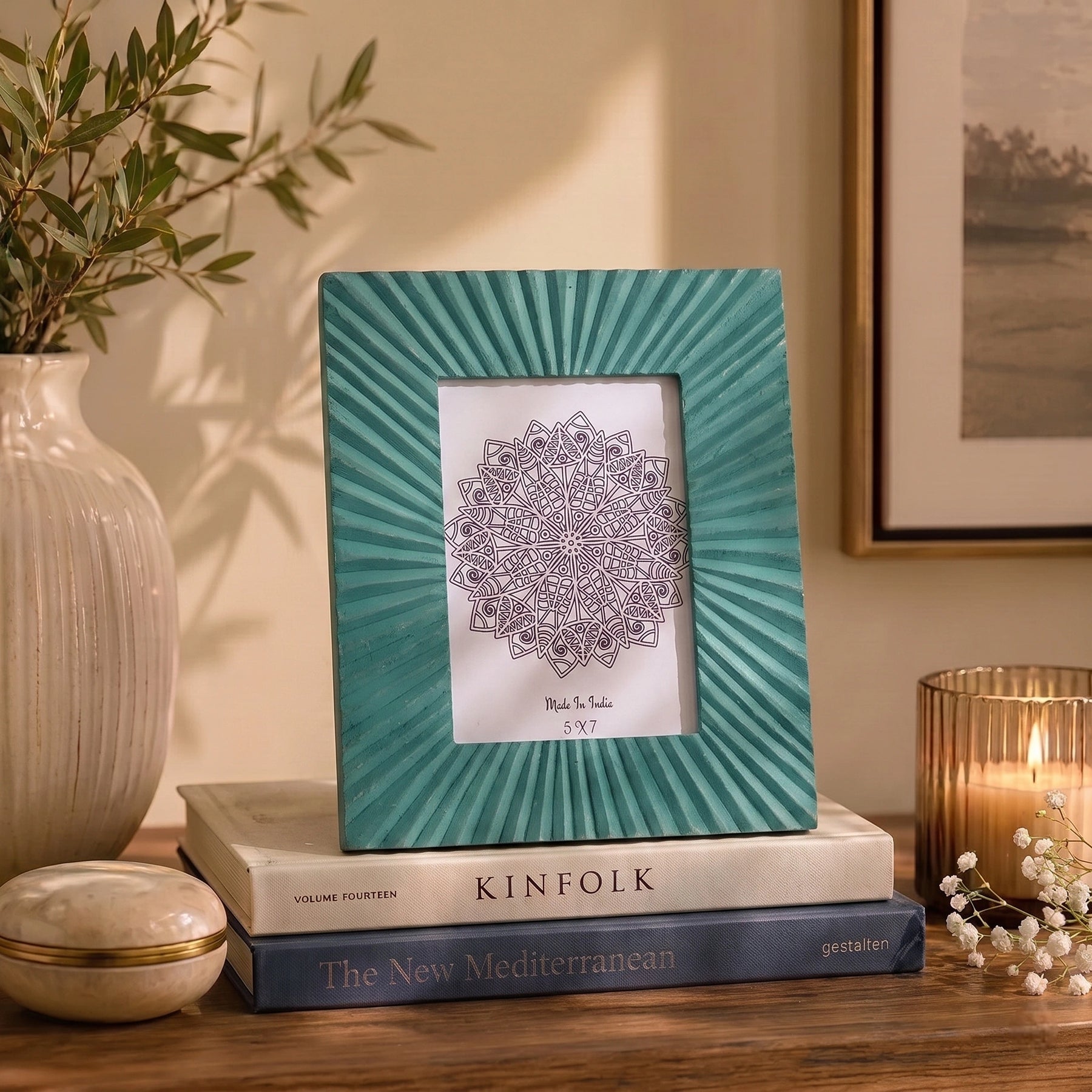Handcrafted Wooden Sunburst Photo Frame in Royal Green
