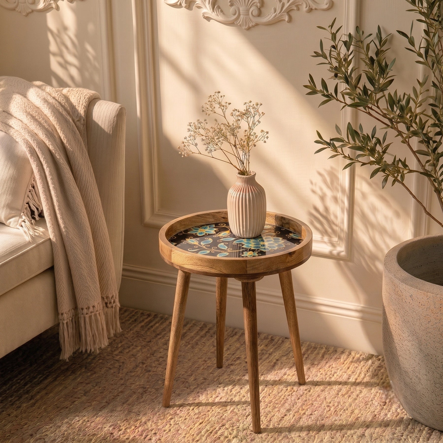 Round Coffee Side Table in Blue Flower Petals - Side End Table for Living Room & Bedroom