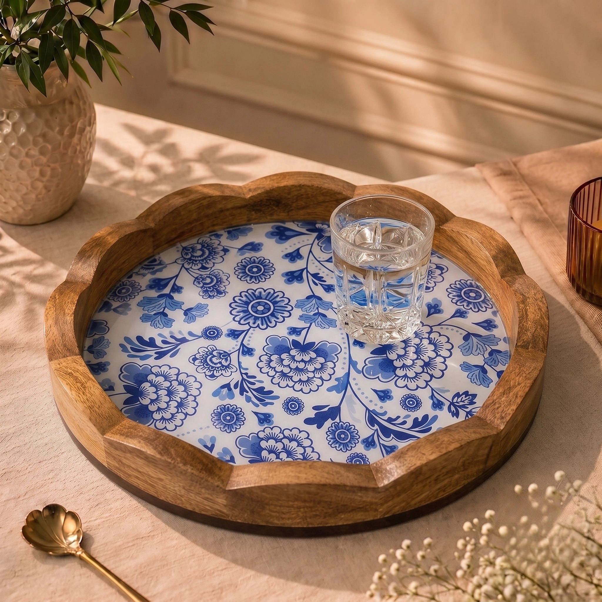 Premium Mango Wood Serving Tray with Blue Floral Design