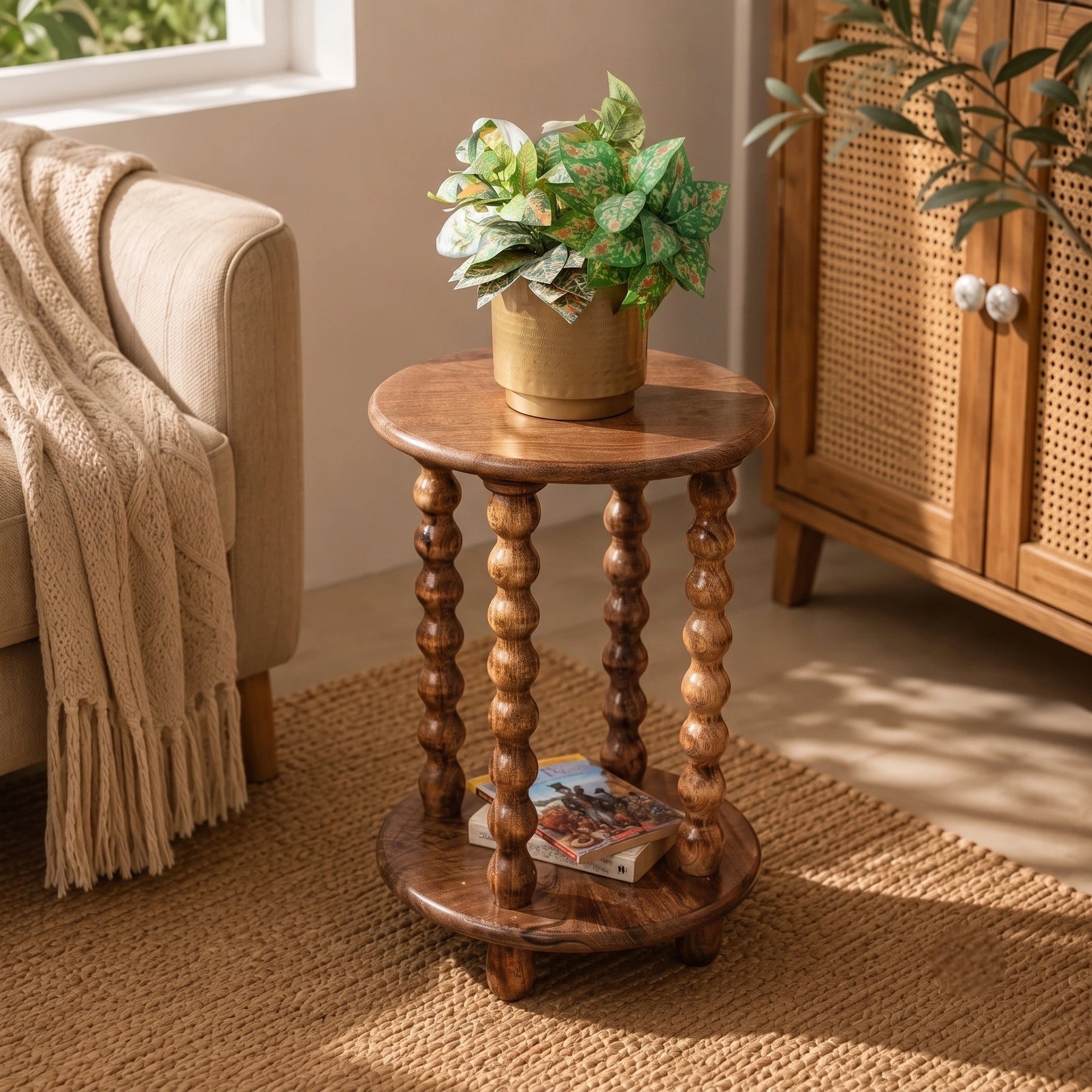 Round Wooden Side Table with Storage & Beaded Legs in Honey Oak