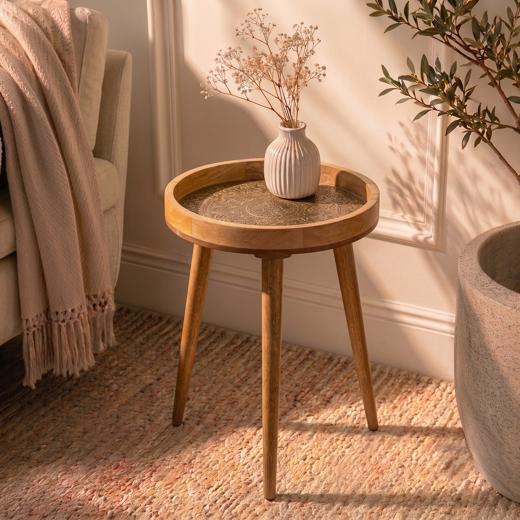 Handcrafted Mango Wood Side Table in Gold Peacock