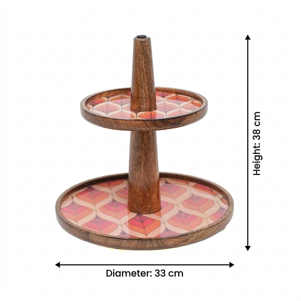 Wooden Serving Tray 2-Tier in Floral Mosaic – Dessert & Snack Stand for Kitchen & Home Decor