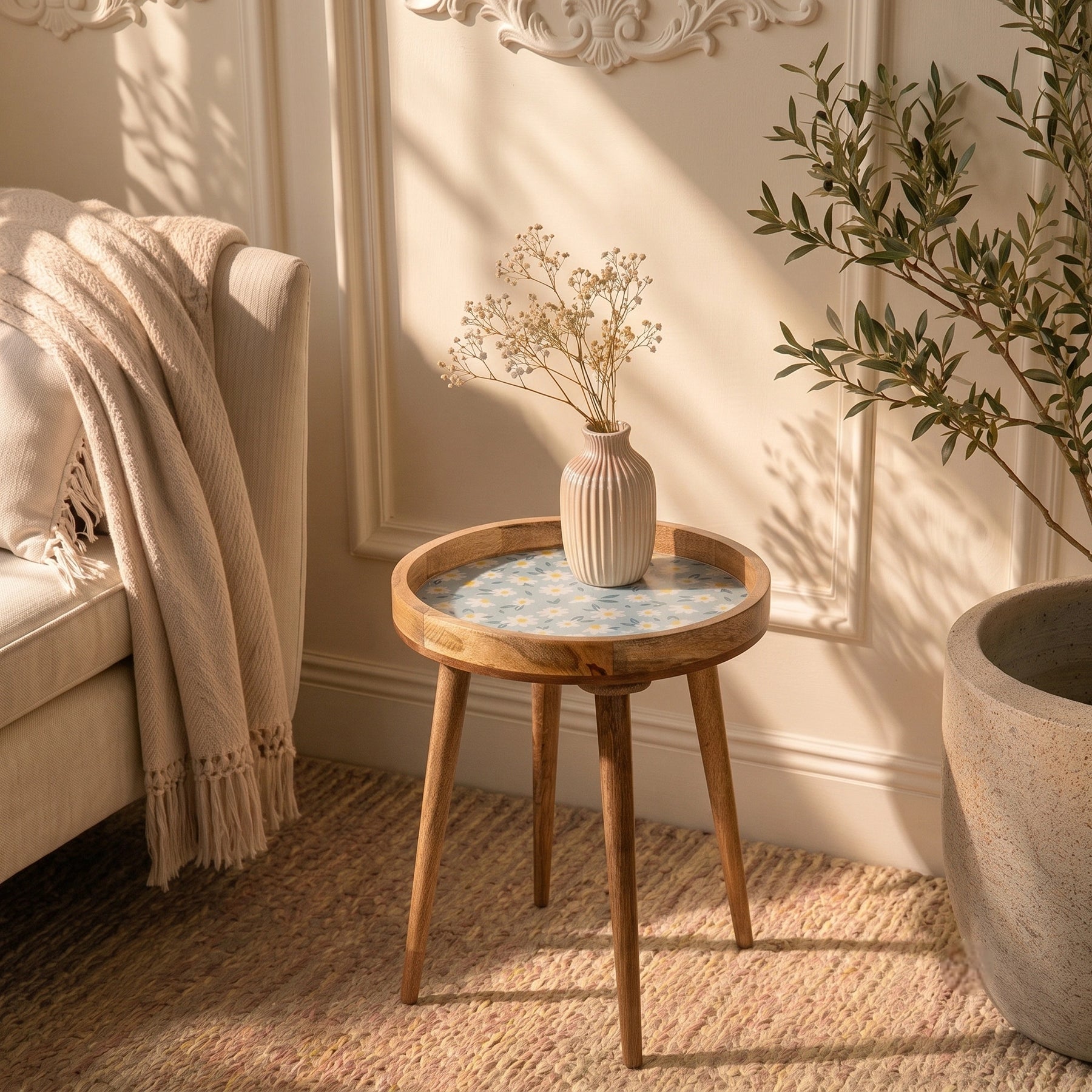 Wooden Side Table in Sunflower Pattern For Living Room & Bedroom