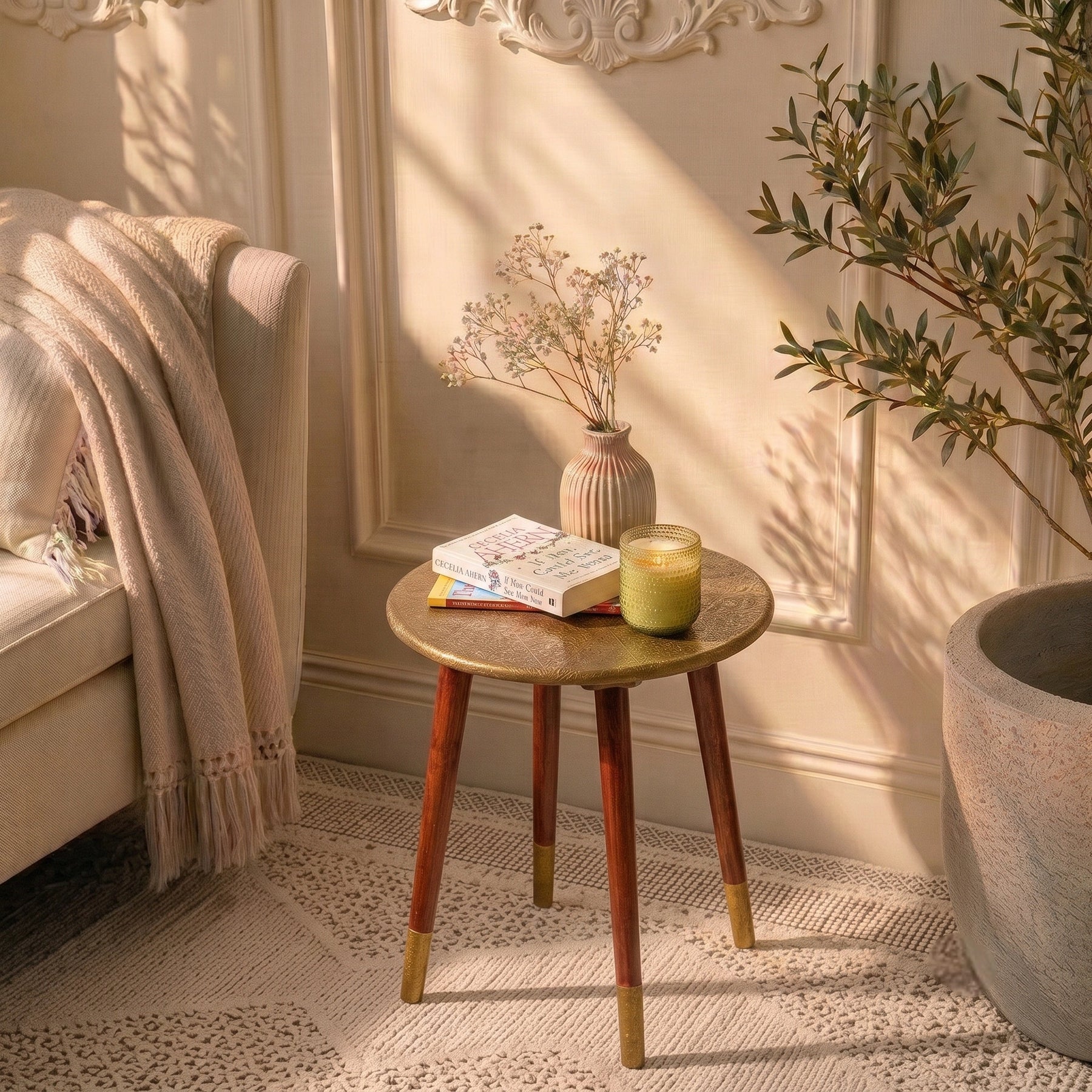 Round Wooden Bedside Table in Gold Floral Pattern