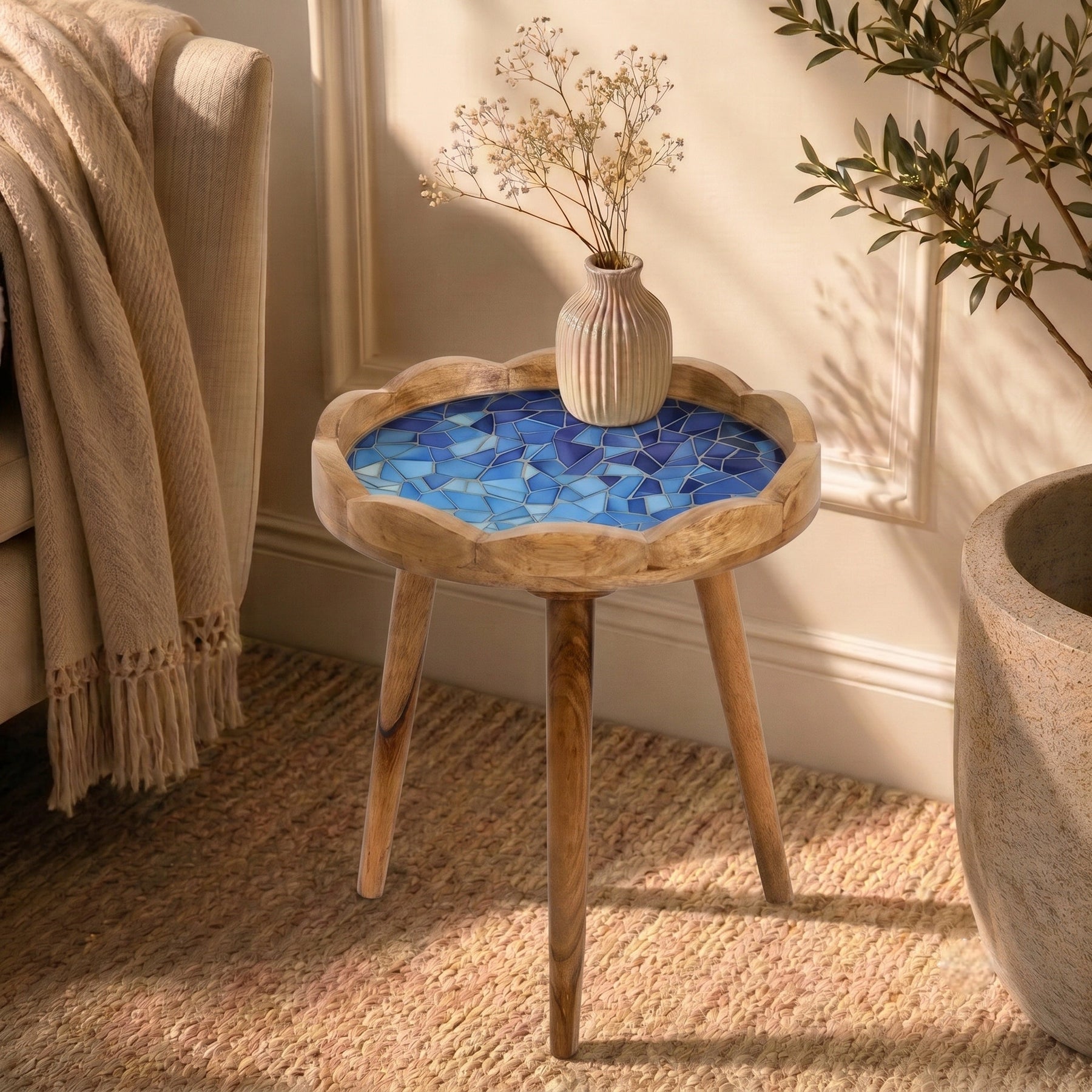 Premium Round Wooden Side Table with Blue Mosaic Design