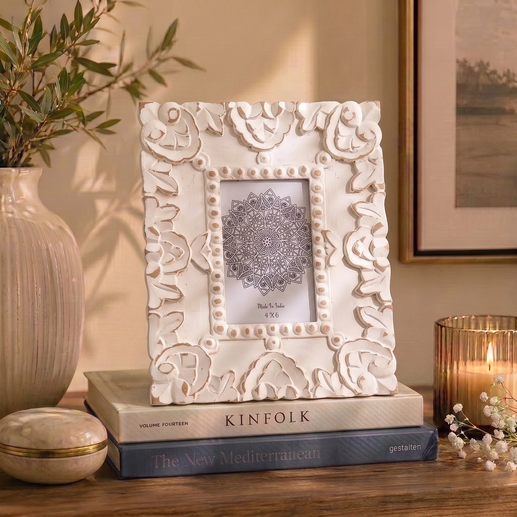 Handcarved Wooden Floral Photo Frame in White
