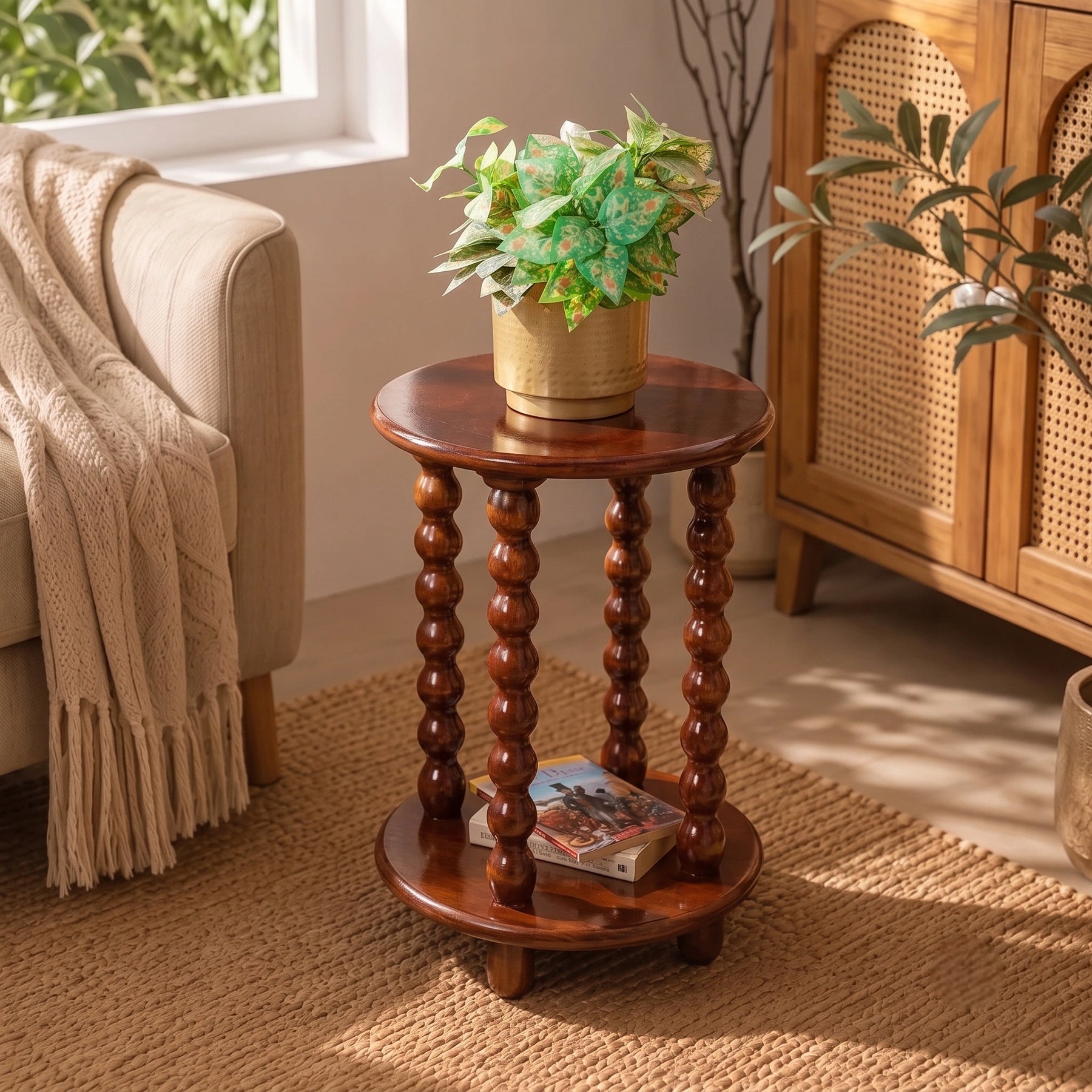 Round Side Table with Storage & Beaded Leg in Walnut Brown