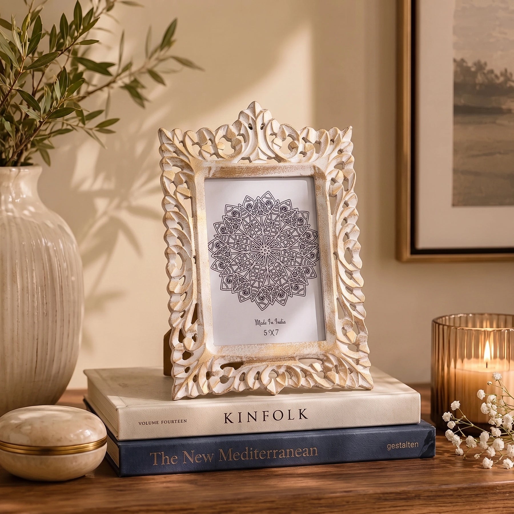 Handcarved Wooden Heritage Mirror Photo Frame in Golden Frost
