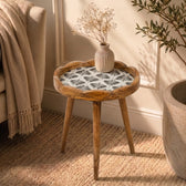 Premium Mango Wood Side Table with Palm Leaf Design