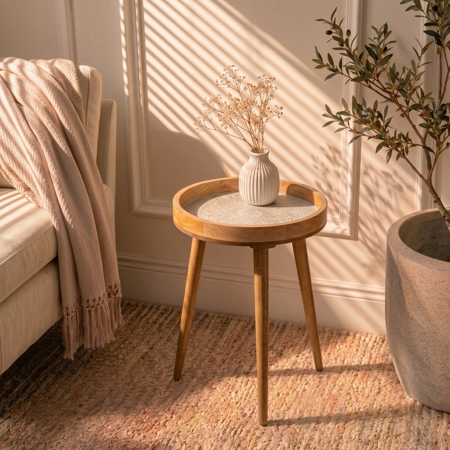 Round Side Tables in White Flower Design for Living Room