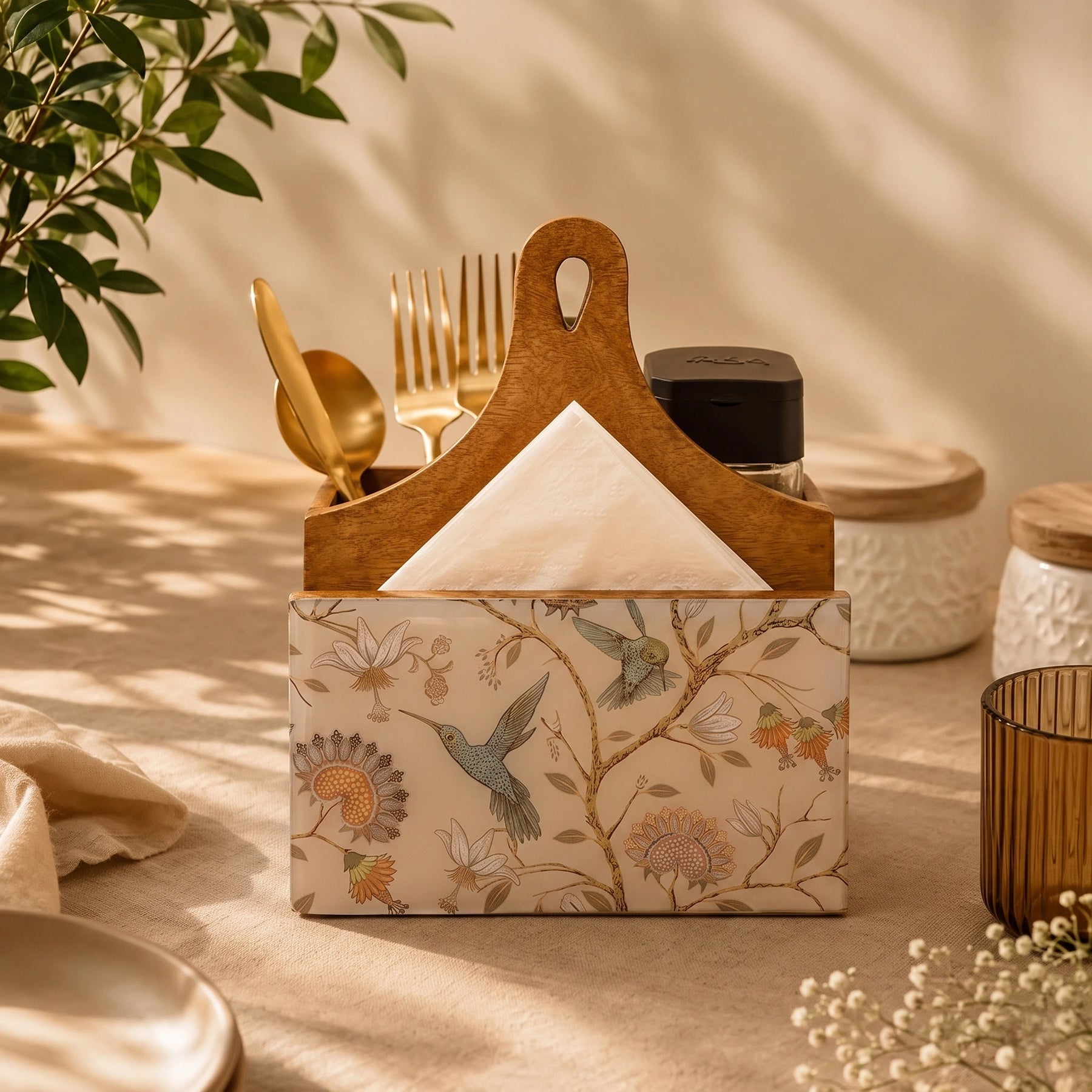 Decorative Mango Wood Tissue Holder with Birdflower Design