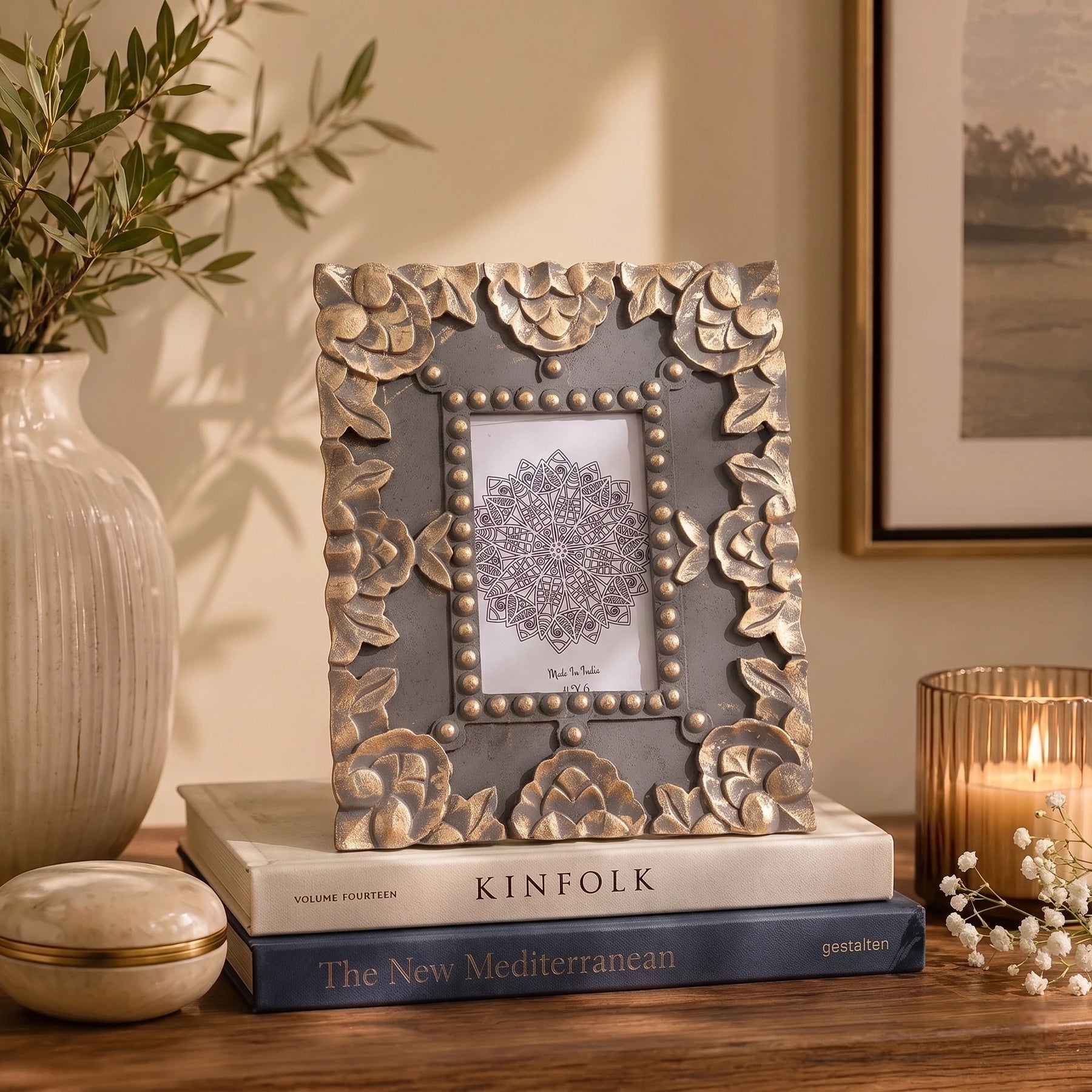 Handcarved Wooden Floral Photo Frame in Grey